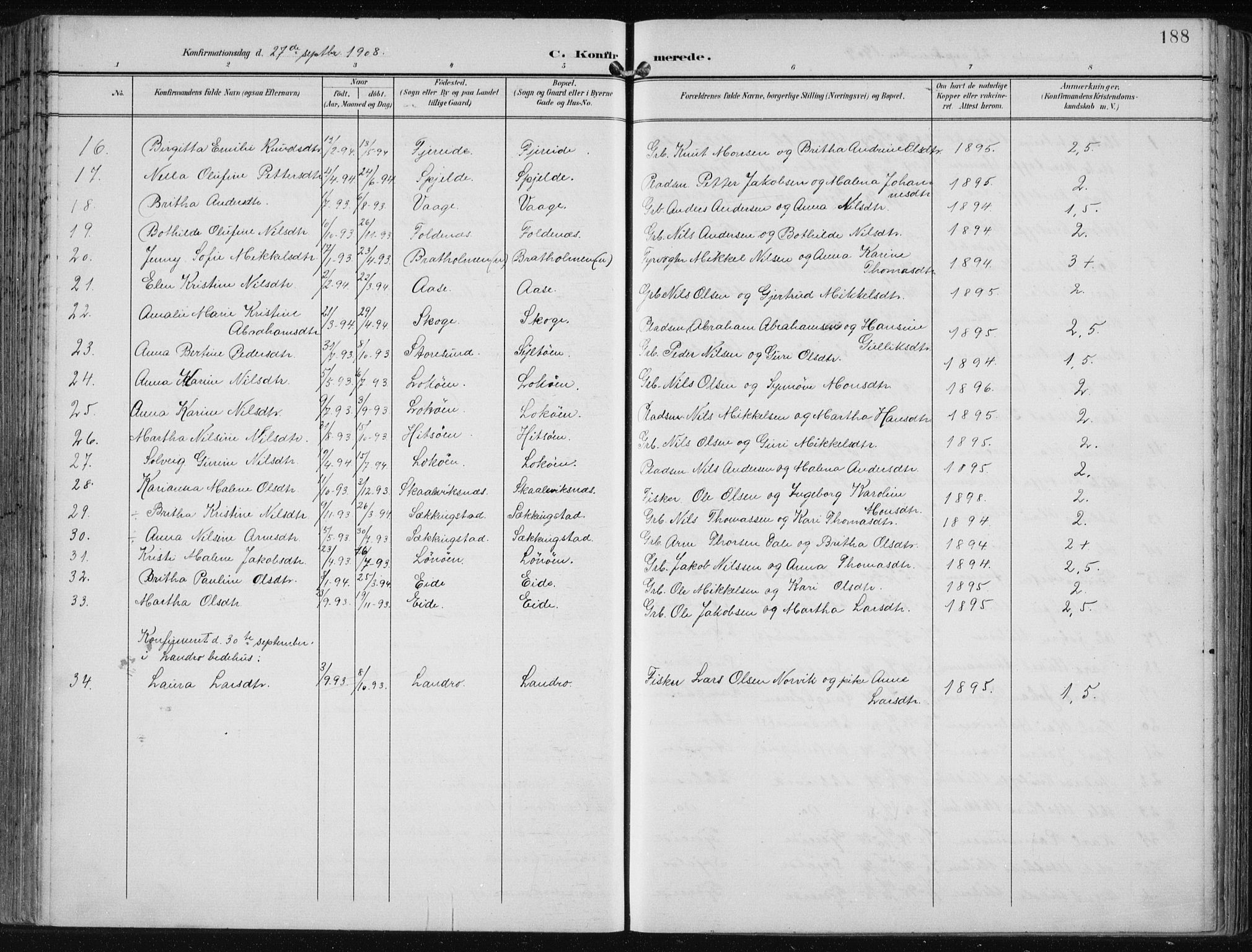 Fjell sokneprestembete, SAB/A-75301/H/Haa: Parish register (official) no. A  9, 1899-1910, p. 188