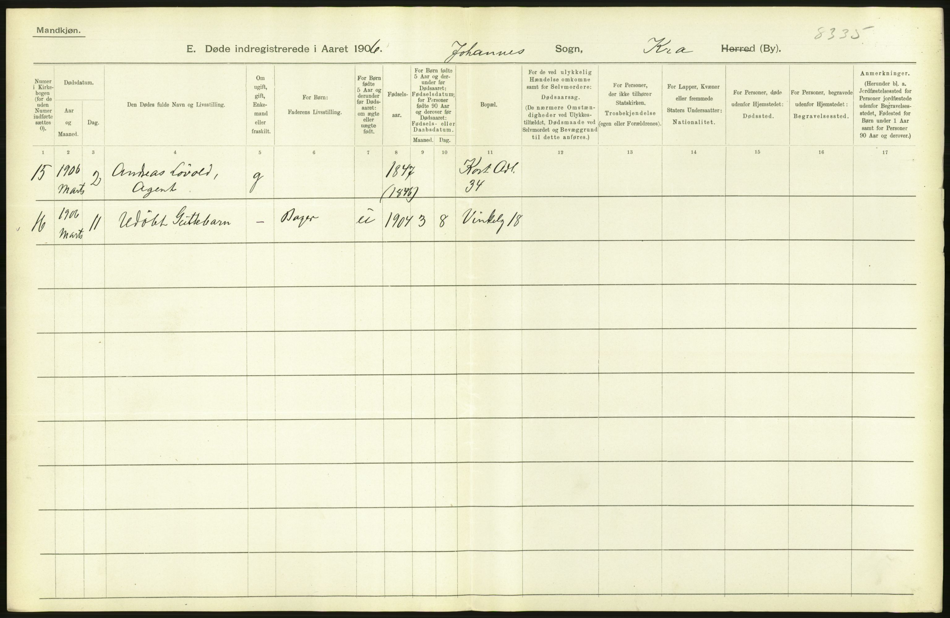 Statistisk sentralbyrå, Sosiodemografiske emner, Befolkning, AV/RA-S-2228/D/Df/Dfa/Dfad/L0010: Kristiania: Døde, dødfødte, 1906, p. 434