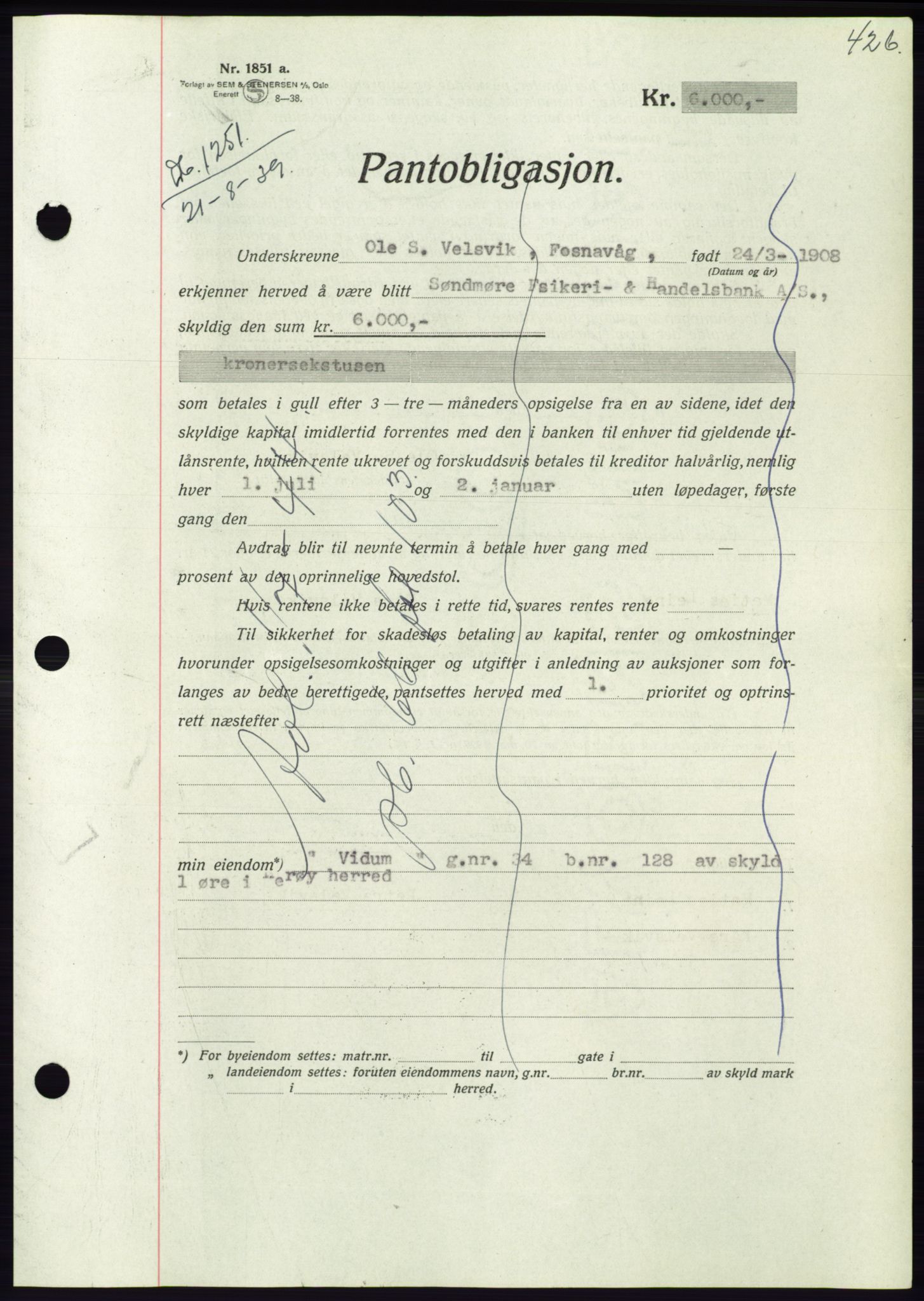 Søre Sunnmøre sorenskriveri, AV/SAT-A-4122/1/2/2C/L0068: Mortgage book no. 62, 1939-1939, Diary no: : 1251/1939