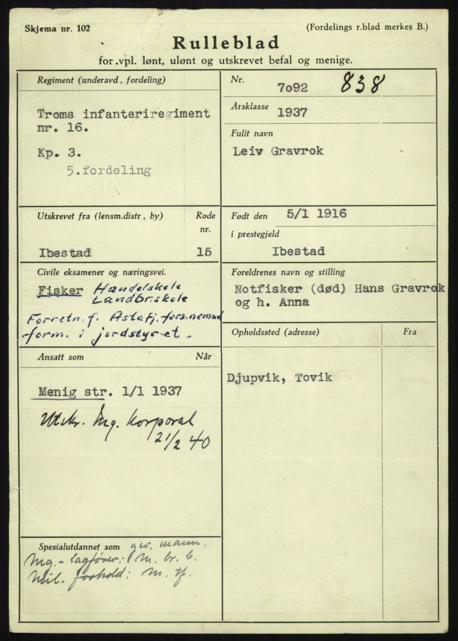 Forsvaret, Troms infanteriregiment nr. 16, AV/RA-RAFA-3146/P/Pa/L0021: Rulleblad for regimentets menige mannskaper, årsklasse 1937, 1937, p. 213