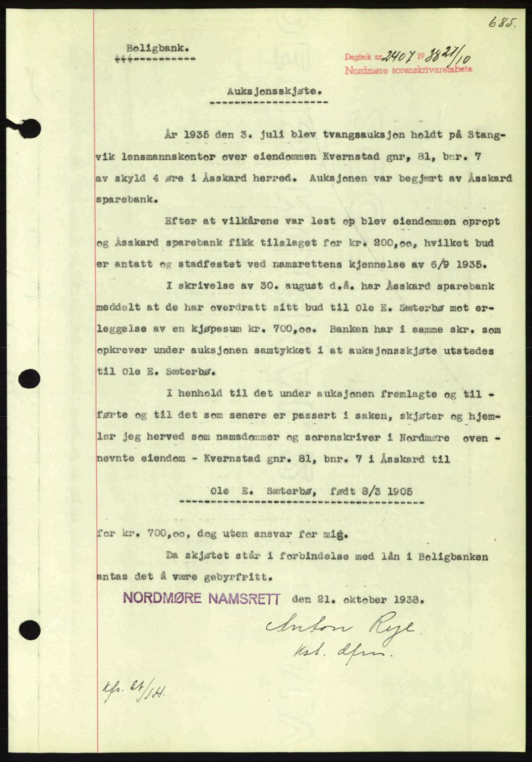 Nordmøre sorenskriveri, SAT/A-4132/1/2/2Ca: Mortgage book no. A84, 1938-1938, Diary no: : 2407/1938