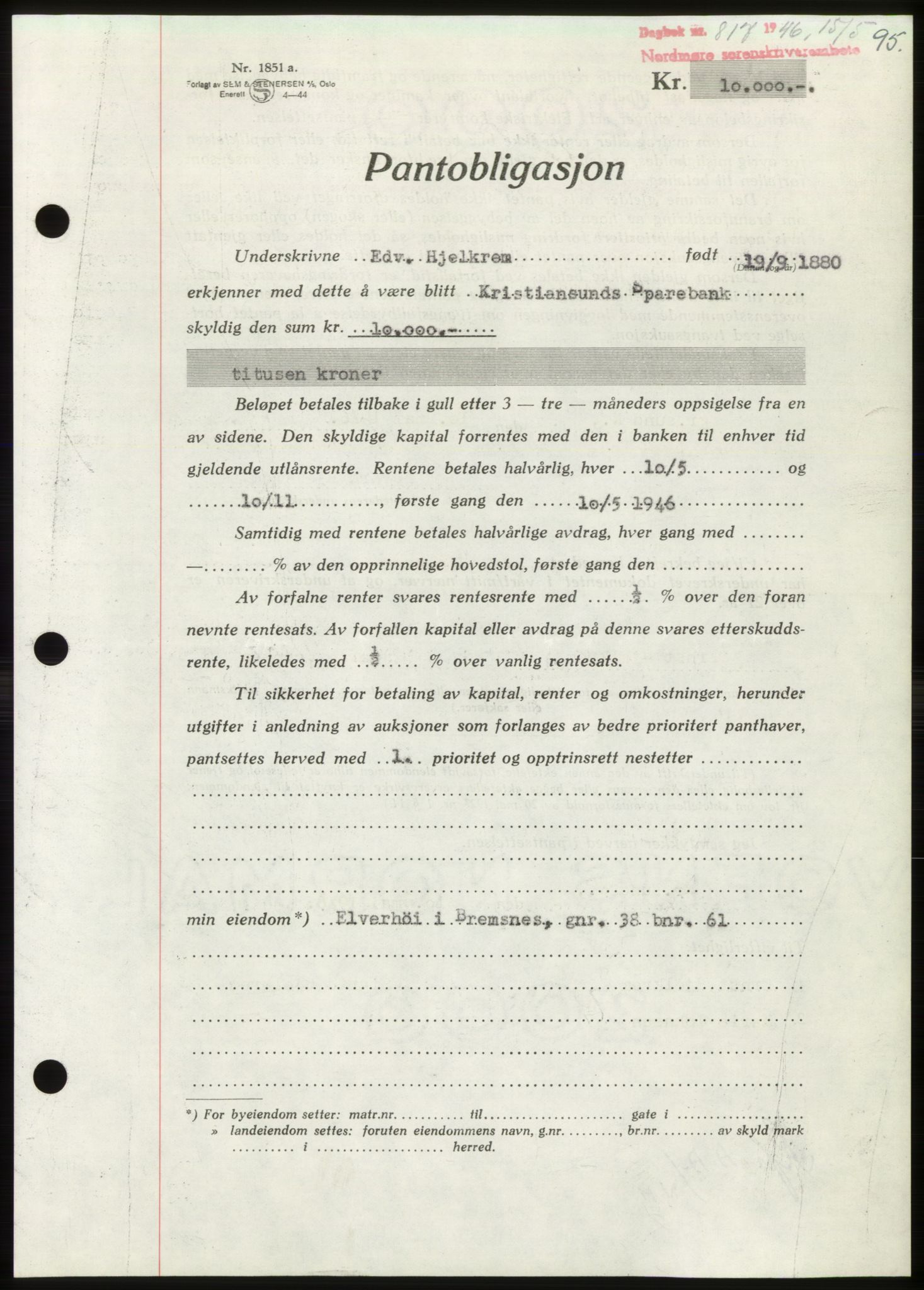 Nordmøre sorenskriveri, AV/SAT-A-4132/1/2/2Ca: Mortgage book no. B94, 1946-1946, Diary no: : 817/1946