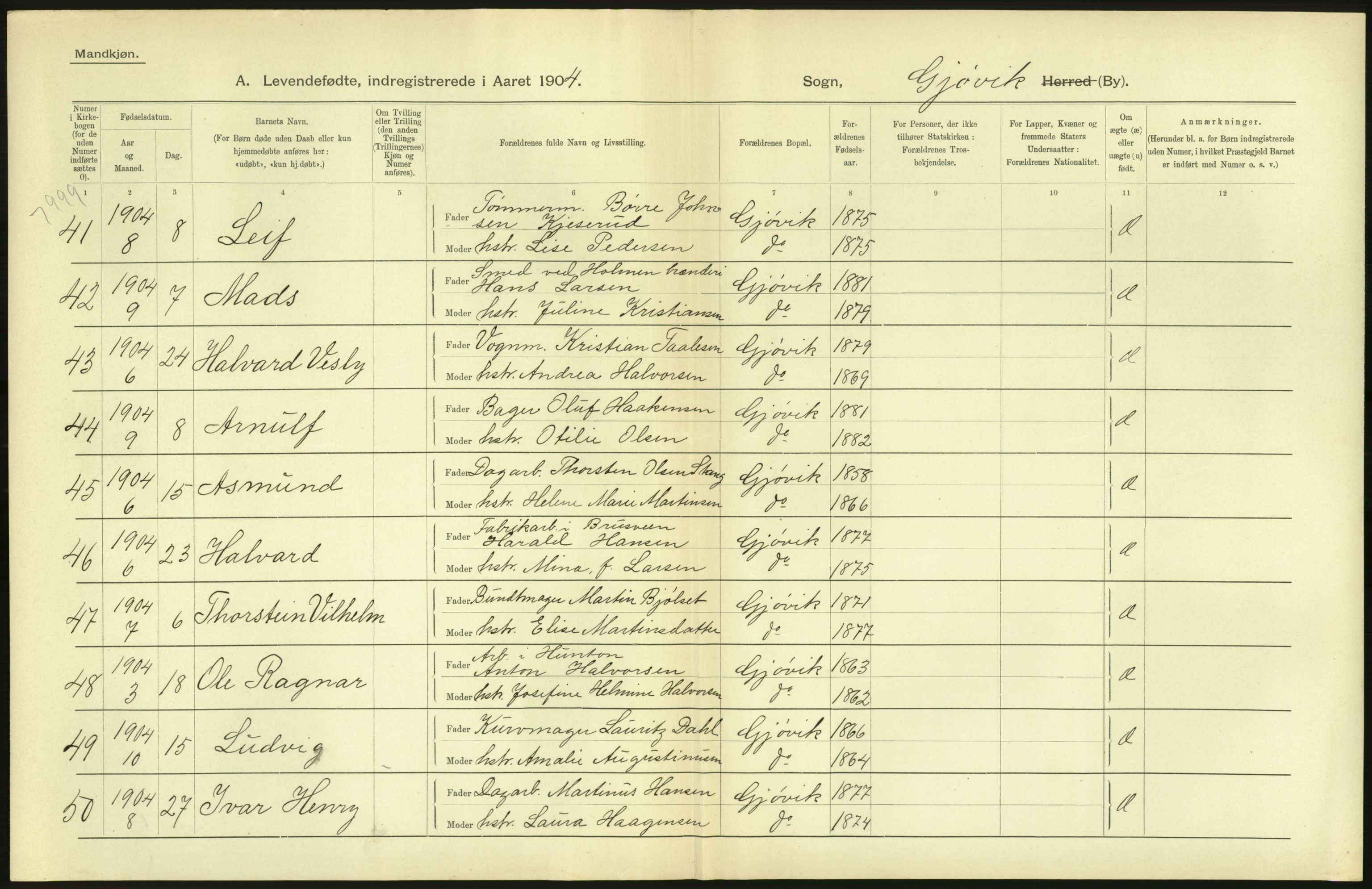 Statistisk sentralbyrå, Sosiodemografiske emner, Befolkning, AV/RA-S-2228/D/Df/Dfa/Dfab/L0006: Kristians amt: Fødte, gifte, døde, 1904, p. 858