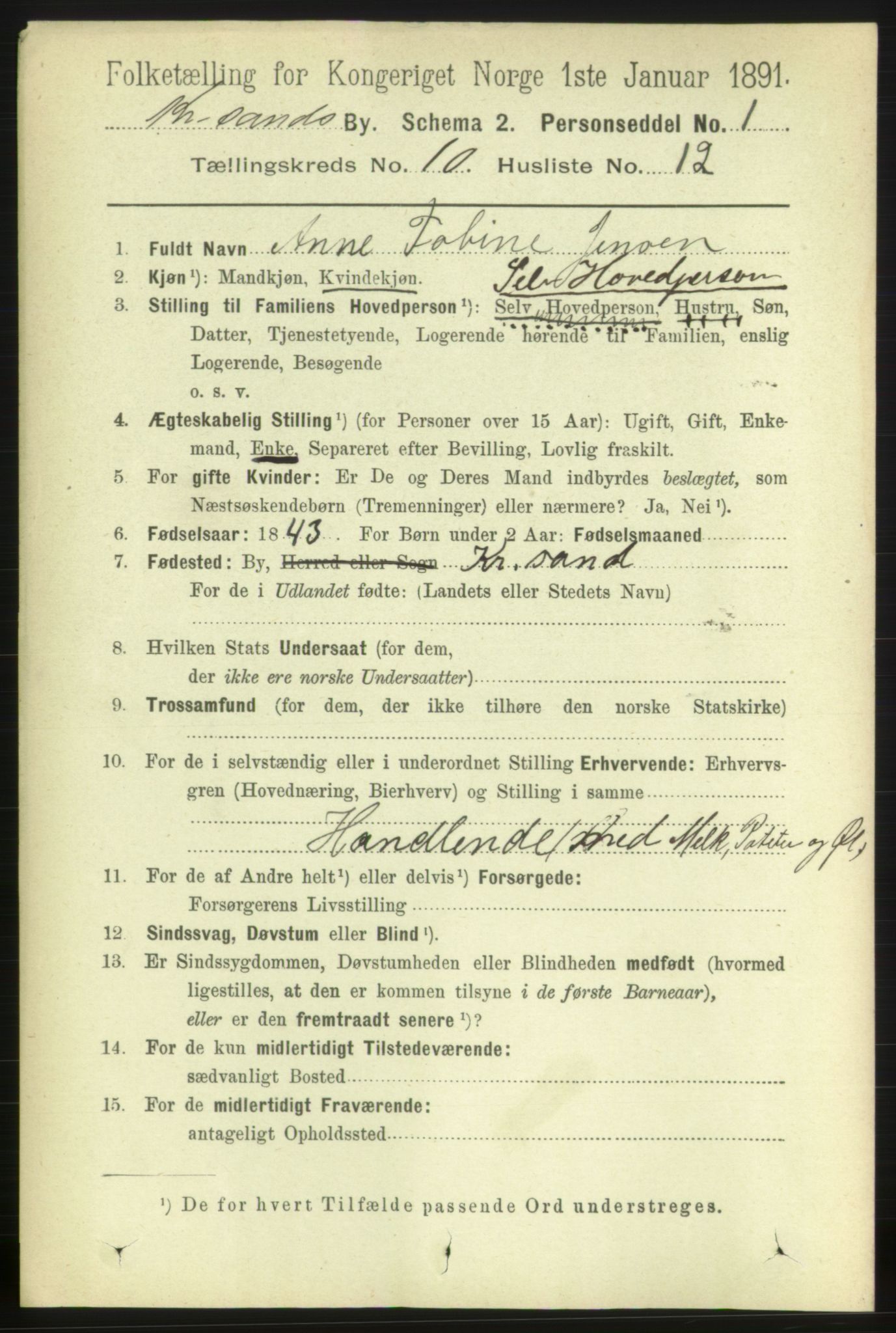 RA, 1891 census for 1001 Kristiansand, 1891, p. 5496