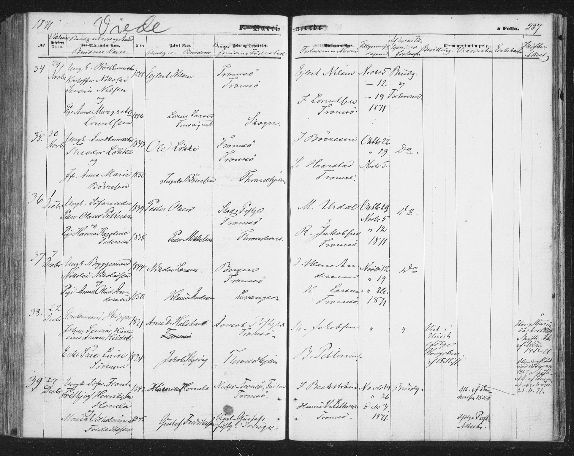 Tromsø sokneprestkontor/stiftsprosti/domprosti, AV/SATØ-S-1343/G/Ga/L0012kirke: Parish register (official) no. 12, 1865-1871, p. 257