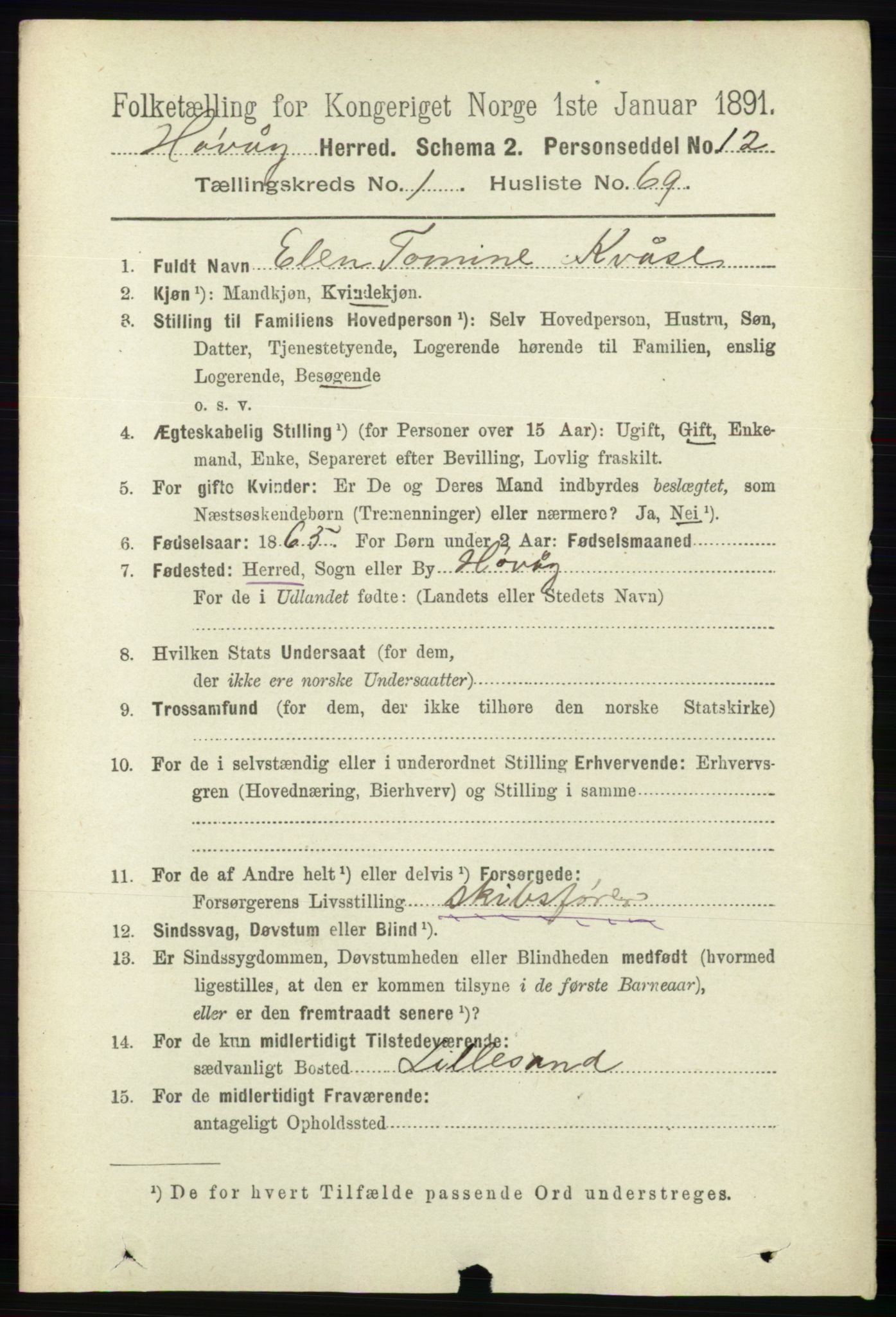 RA, 1891 census for 0927 Høvåg, 1891, p. 459