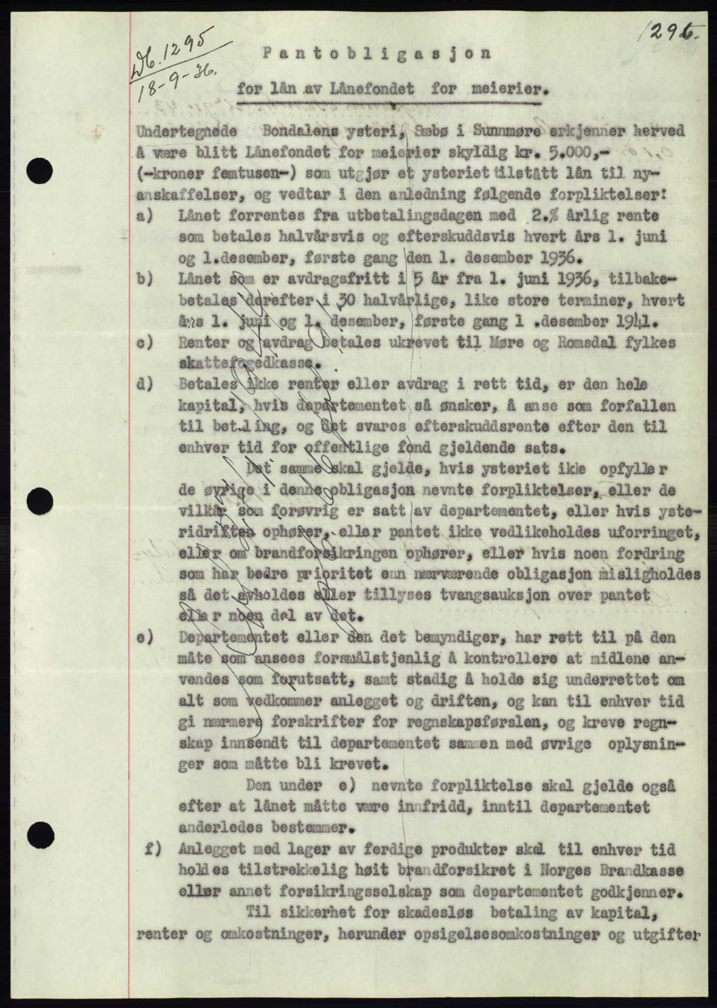 Søre Sunnmøre sorenskriveri, AV/SAT-A-4122/1/2/2C/L0061: Mortgage book no. 55, 1936-1936, Diary no: : 1295/1936