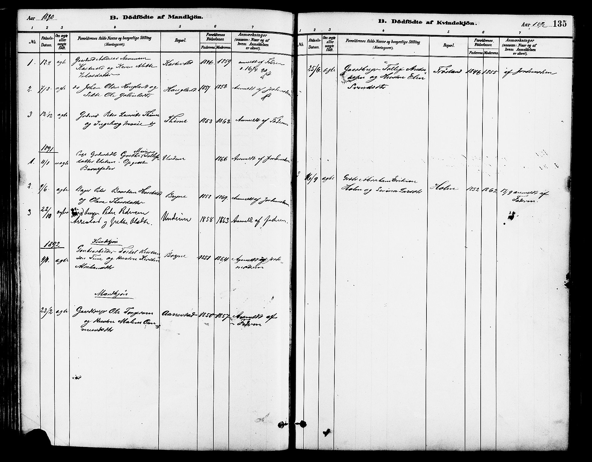 Lye sokneprestkontor, SAST/A-101794/001/30BA/L0009: Parish register (official) no. A 8, 1881-1892, p. 135