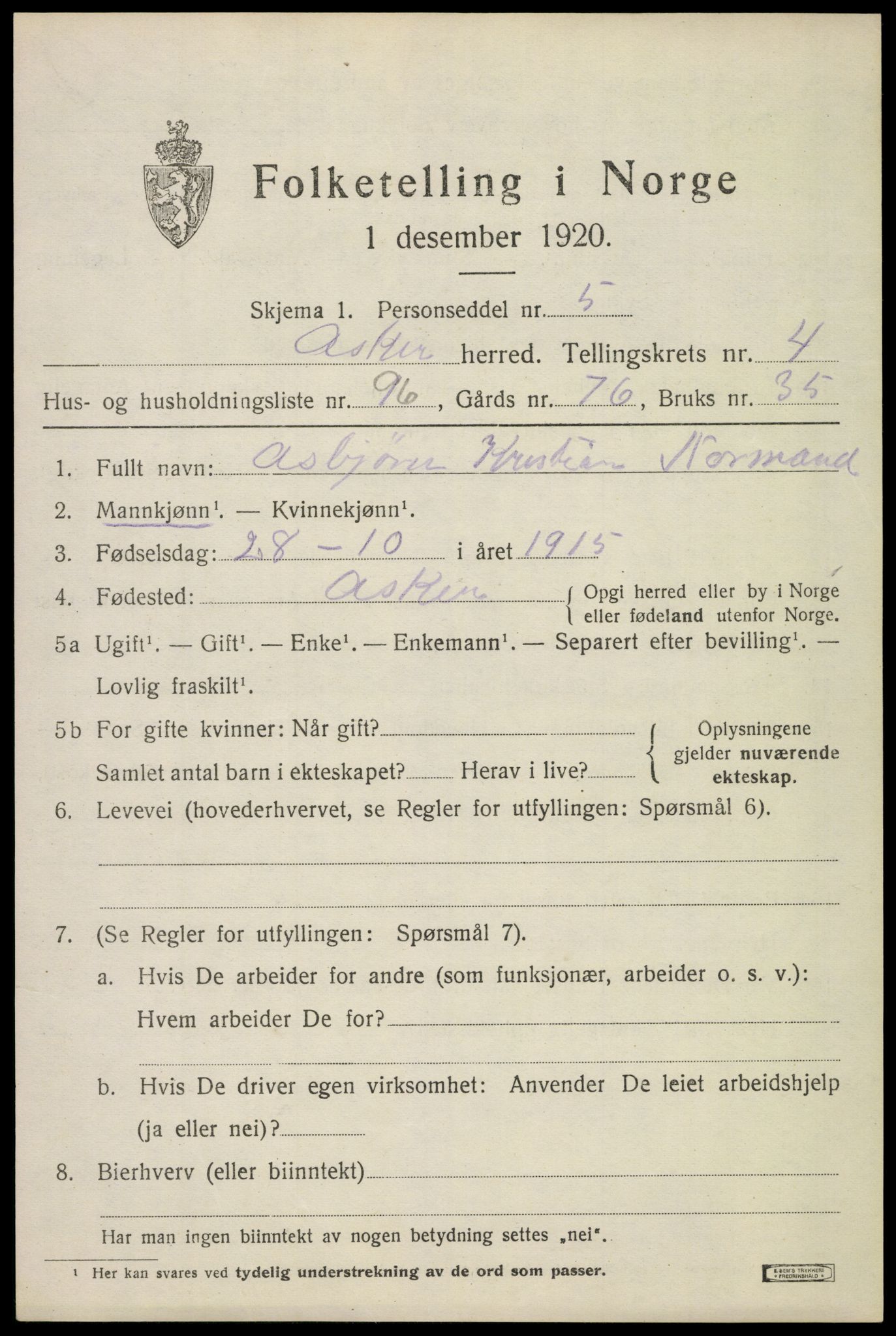 SAO, 1920 census for Asker, 1920, p. 11392