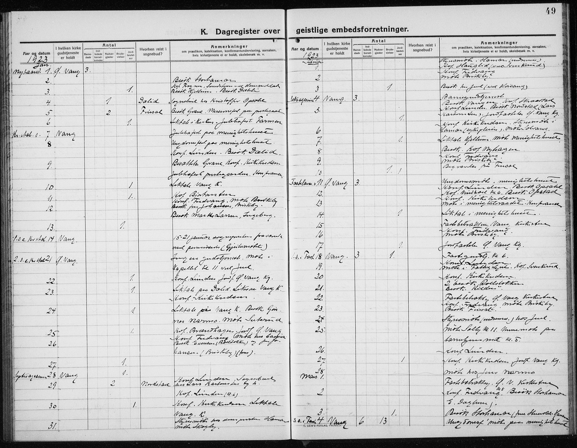 Vang prestekontor, Hedmark, SAH/PREST-008/H/Ha/Haa/L0020: Parish register (official) no. 20, 1911-1926, p. 49