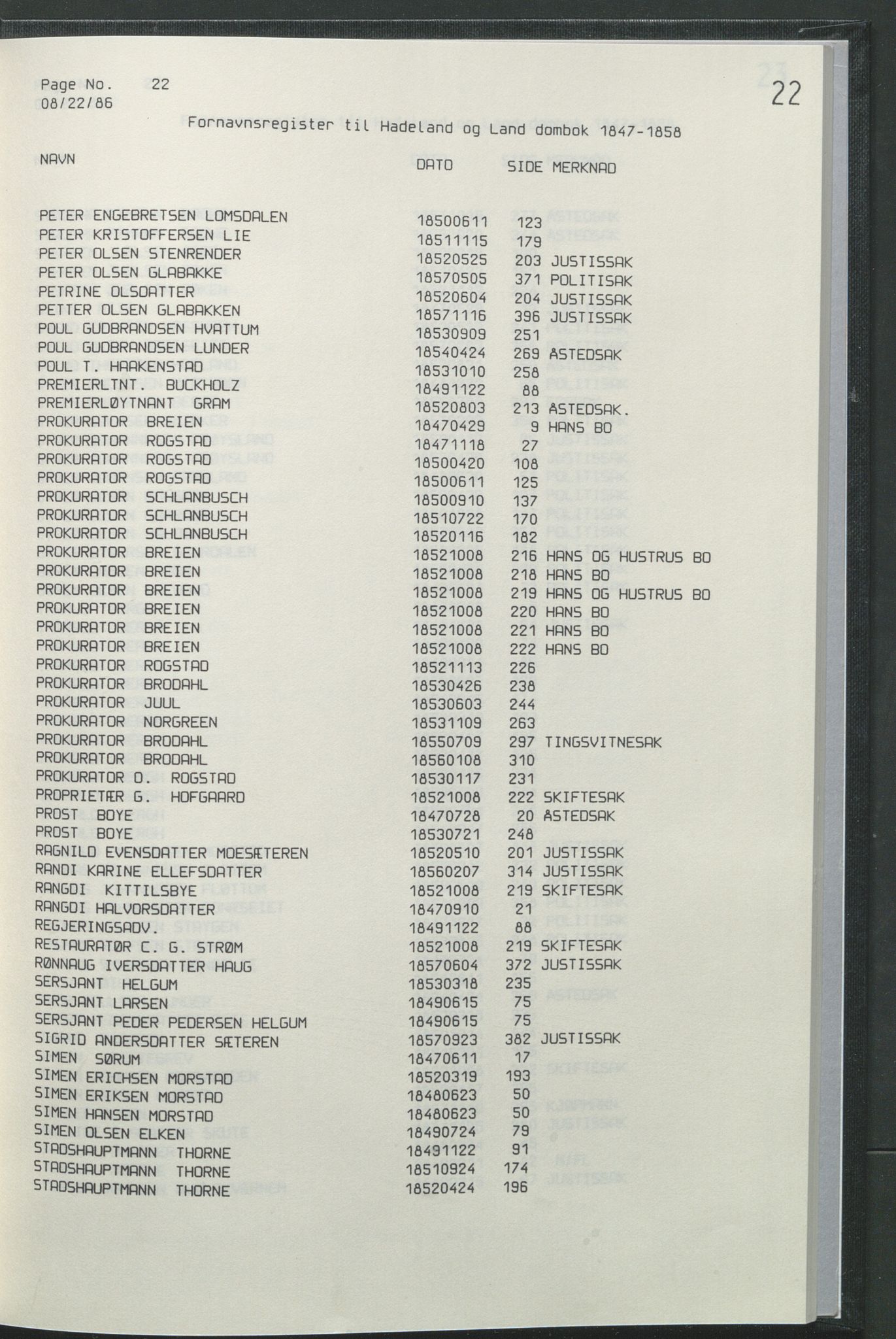 Statsarkivet i Hamar, AV/SAH-SAH-001/H/Hb/L0001/0004: Egne registre og hjelpemidler / Register  til Hadeland og Land sorenskriveri dombok 1 (1847 - 1858), 1847-1858, p. 22
