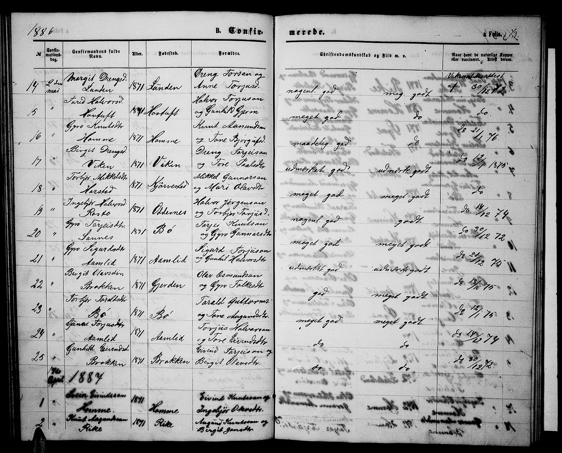 Valle sokneprestkontor, SAK/1111-0044/F/Fb/Fbc/L0003: Parish register (copy) no. B 3, 1871-1890, p. 73