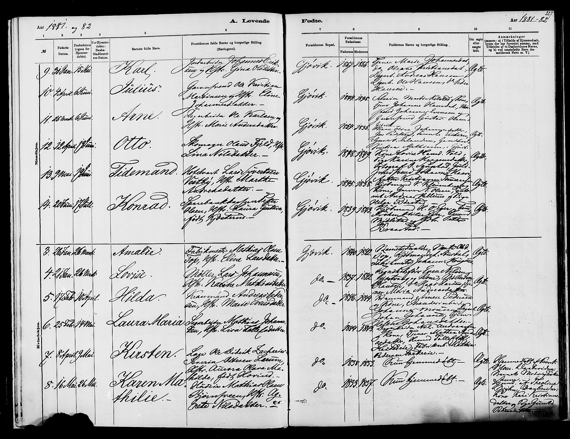 Vardal prestekontor, SAH/PREST-100/H/Ha/Haa/L0008: Parish register (official) no. 8, 1878-1890, p. 227