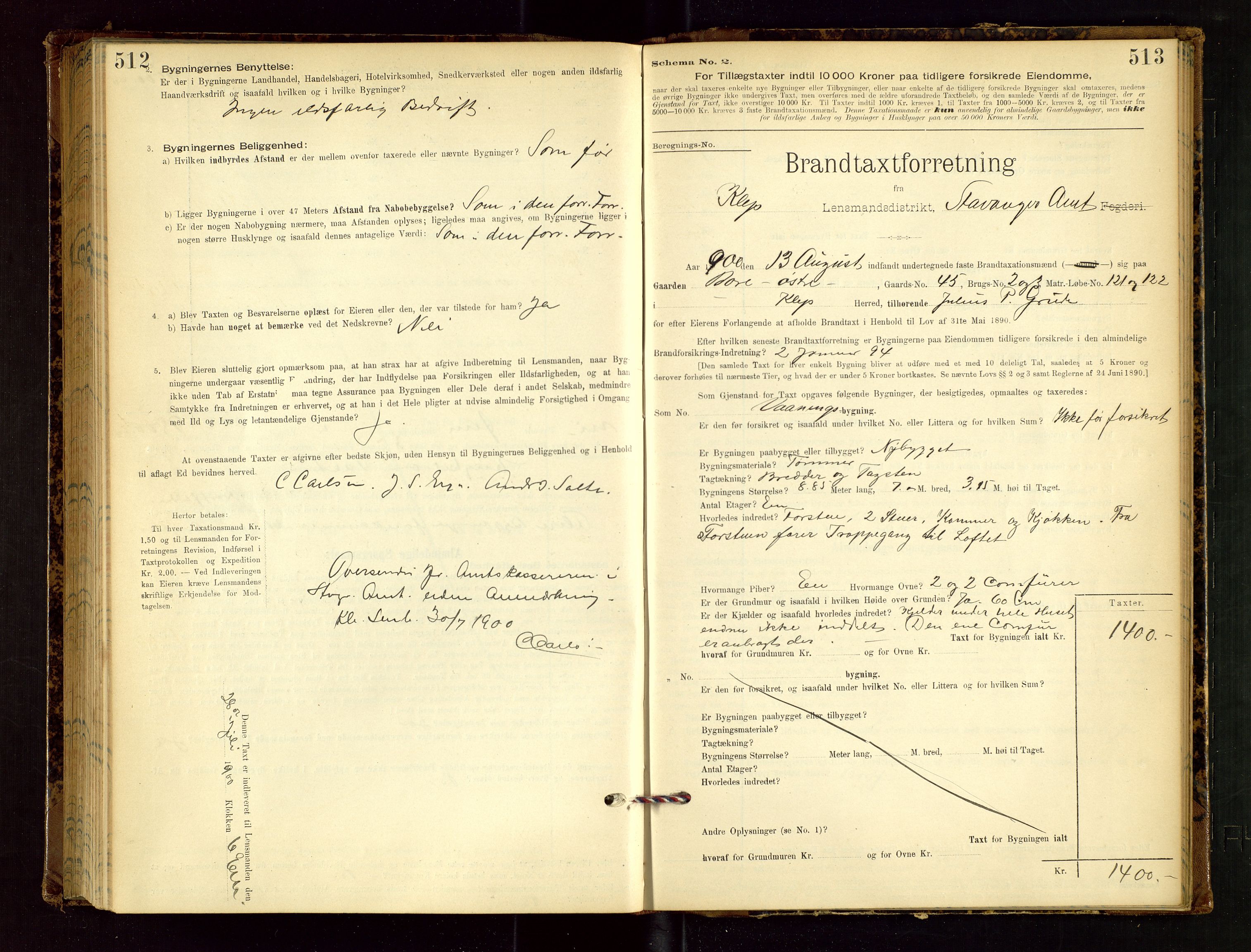 Klepp lensmannskontor, AV/SAST-A-100163/Goc/L0002: "Brandtaxationsprotokol" m/register, 1898-1902, p. 512-513