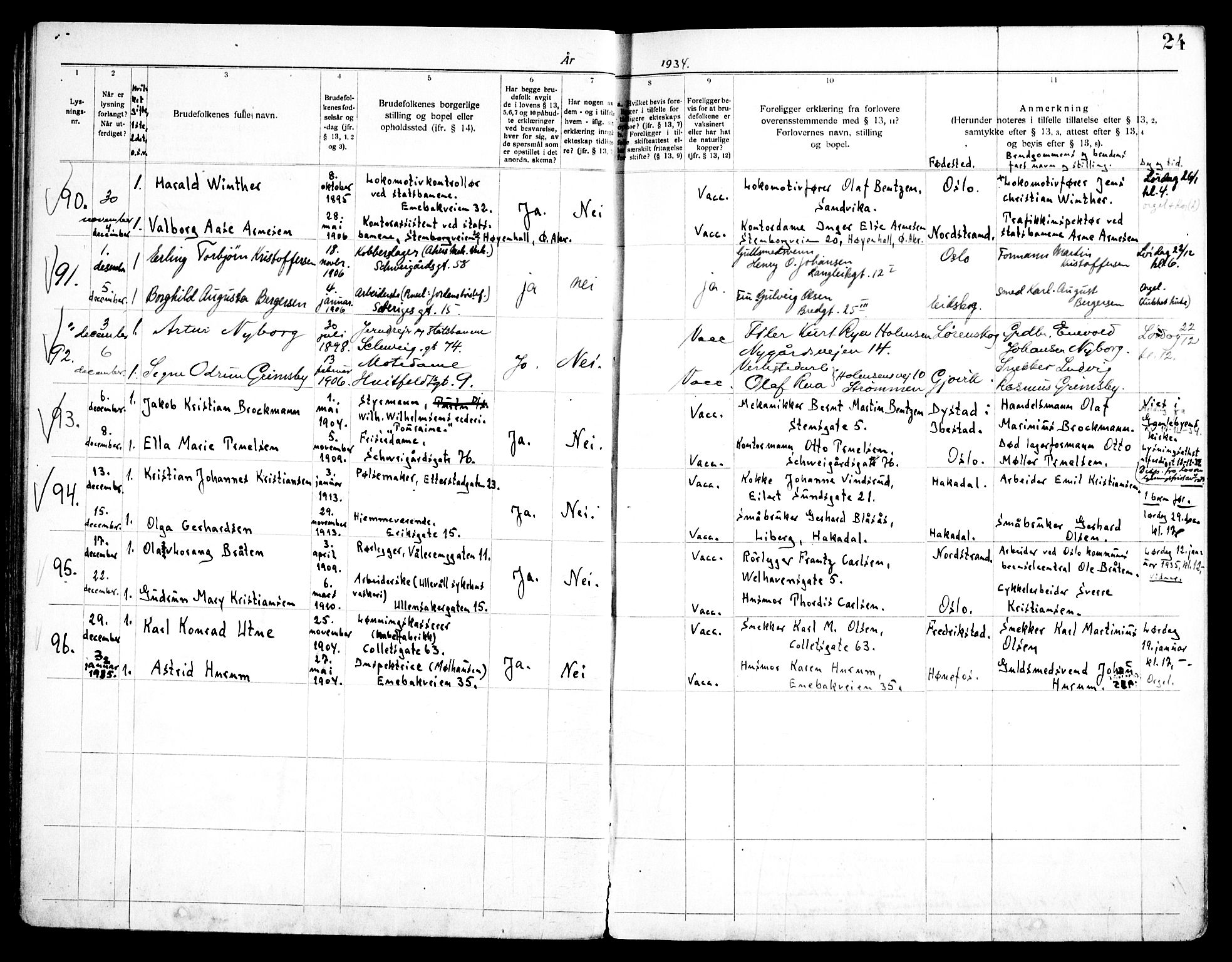 Vålerengen prestekontor Kirkebøker, SAO/A-10878/H/Ha/L0004: Banns register no. 4, 1932-1947, p. 24