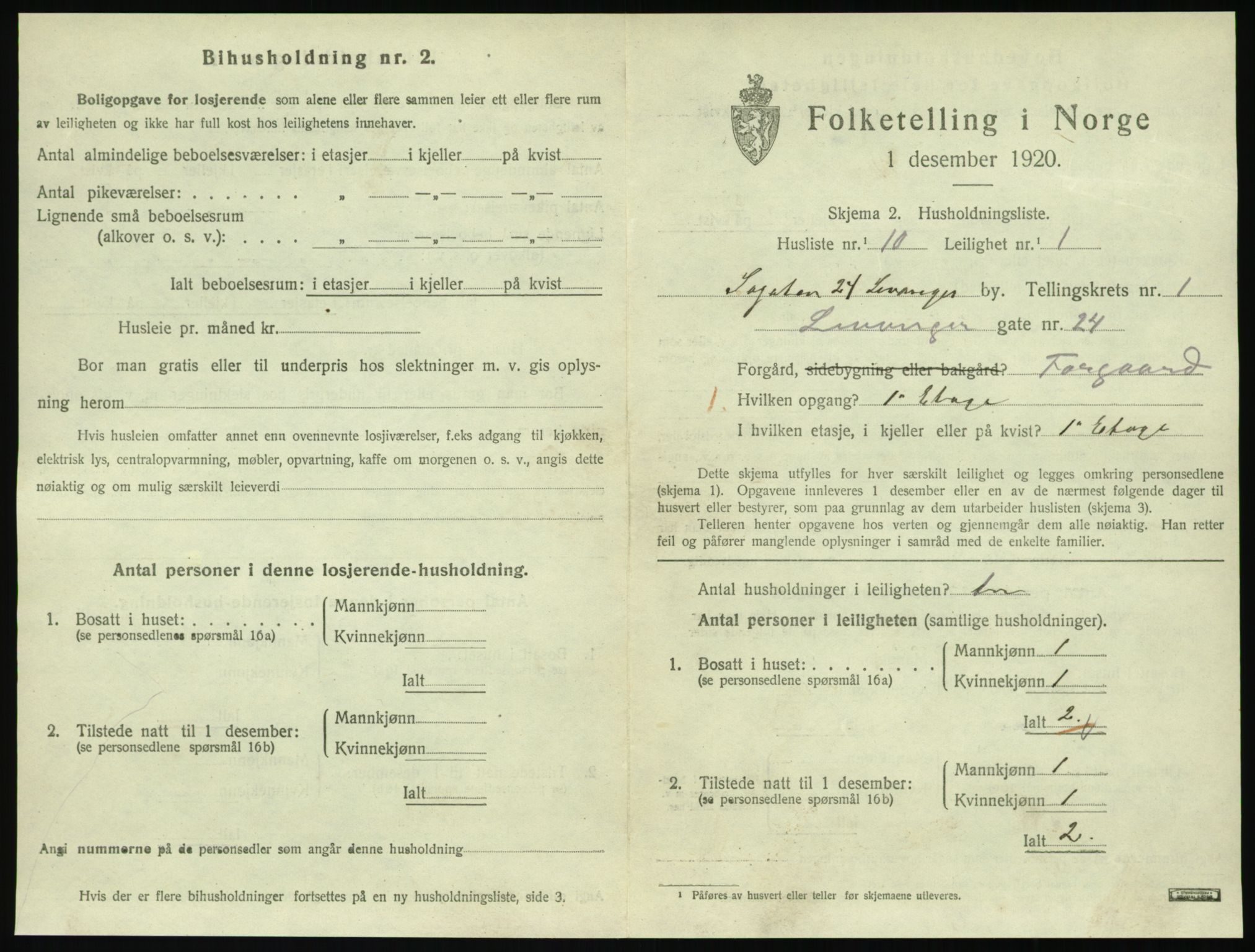 SAT, 1920 census for Levanger town, 1920, p. 490