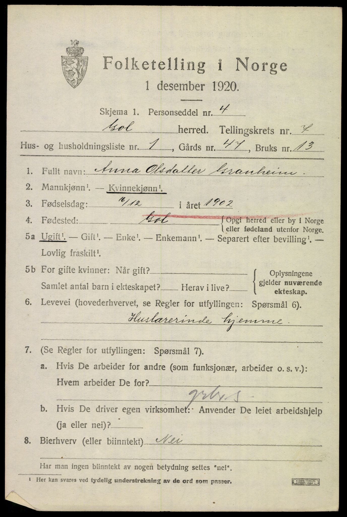 SAKO, 1920 census for Gol, 1920, p. 5456