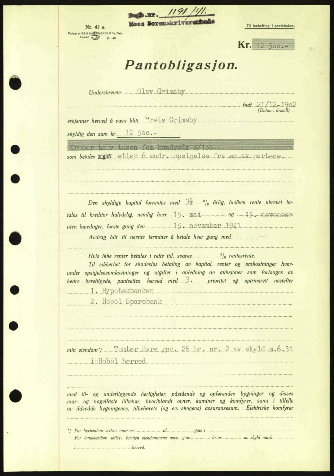 Moss sorenskriveri, SAO/A-10168: Mortgage book no. B10, 1940-1941, Diary no: : 1191/1941