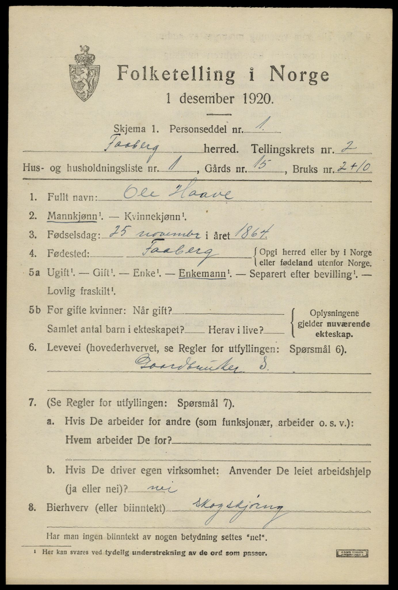 SAH, 1920 census for Fåberg, 1920, p. 3230