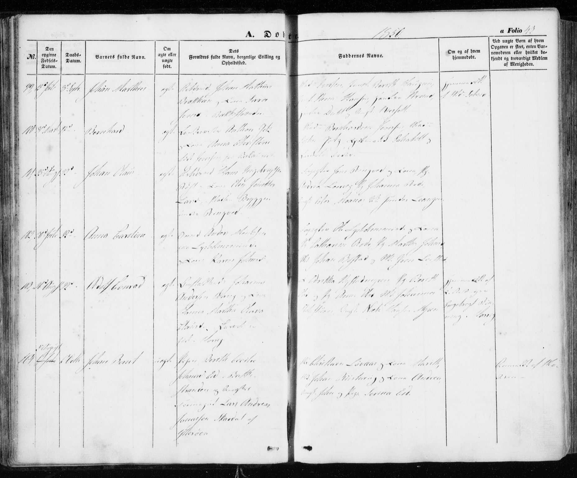 Ministerialprotokoller, klokkerbøker og fødselsregistre - Sør-Trøndelag, AV/SAT-A-1456/606/L0291: Parish register (official) no. 606A06, 1848-1856, p. 43