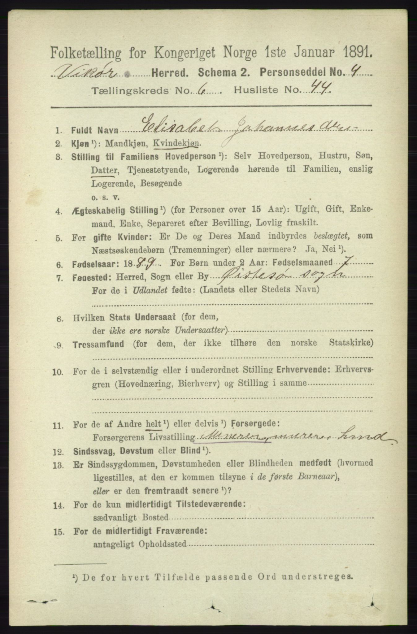 RA, 1891 census for 1238 Vikør, 1891, p. 2036