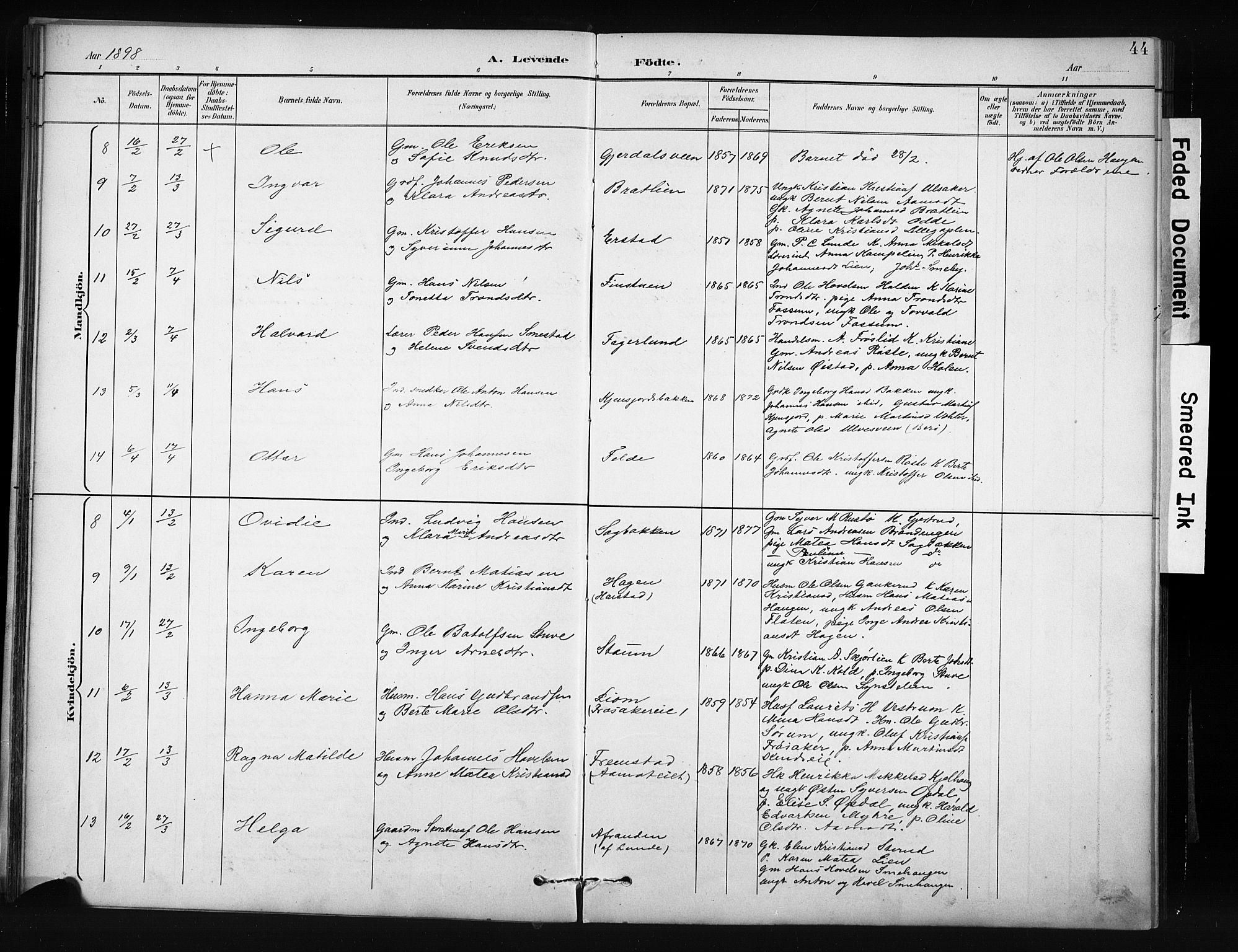 Nordre Land prestekontor, SAH/PREST-124/H/Ha/Hab/L0012: Parish register (copy) no. 12, 1891-1909, p. 44