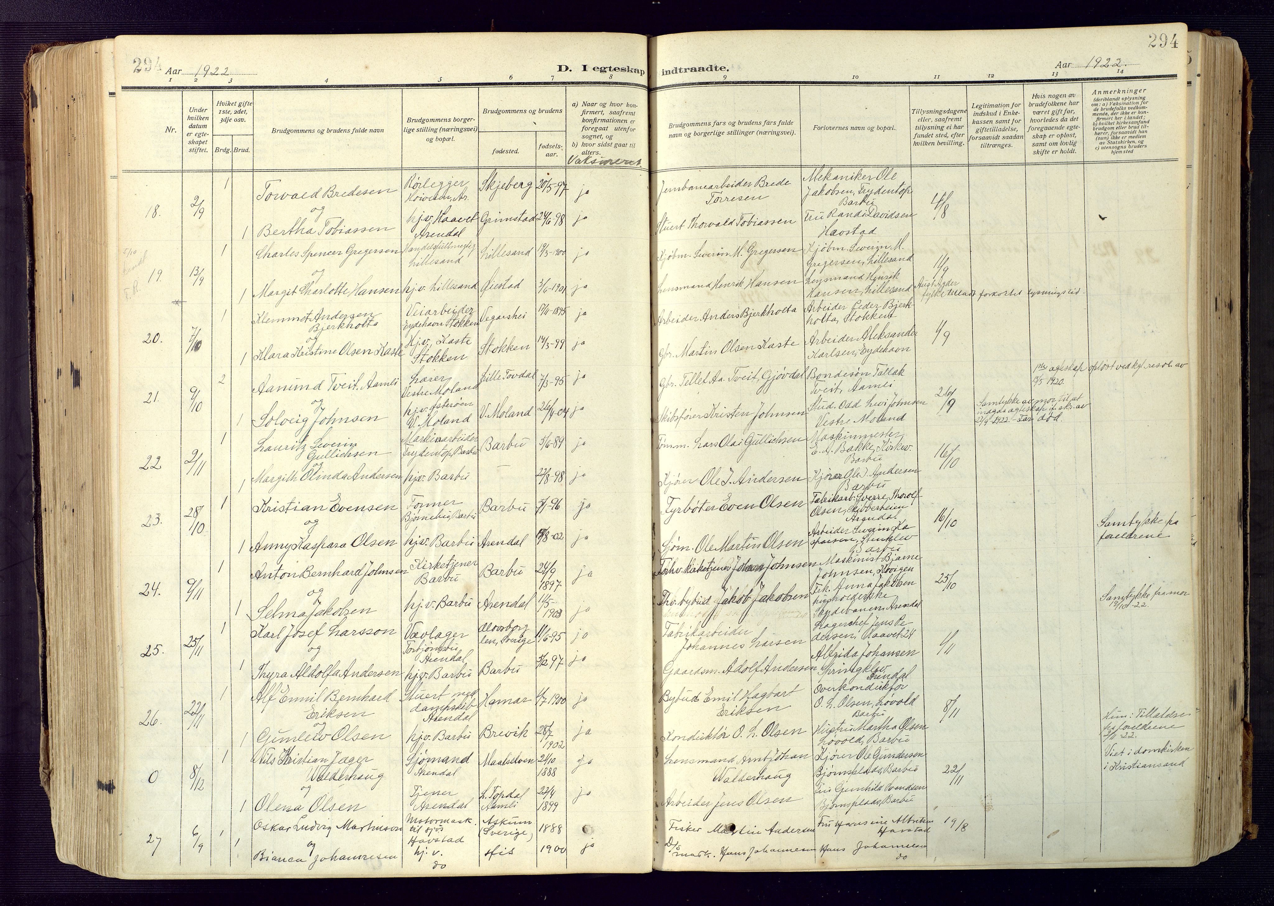 Barbu sokneprestkontor, AV/SAK-1111-0003/F/Fa/L0006: Parish register (official) no. A 6, 1910-1929, p. 294