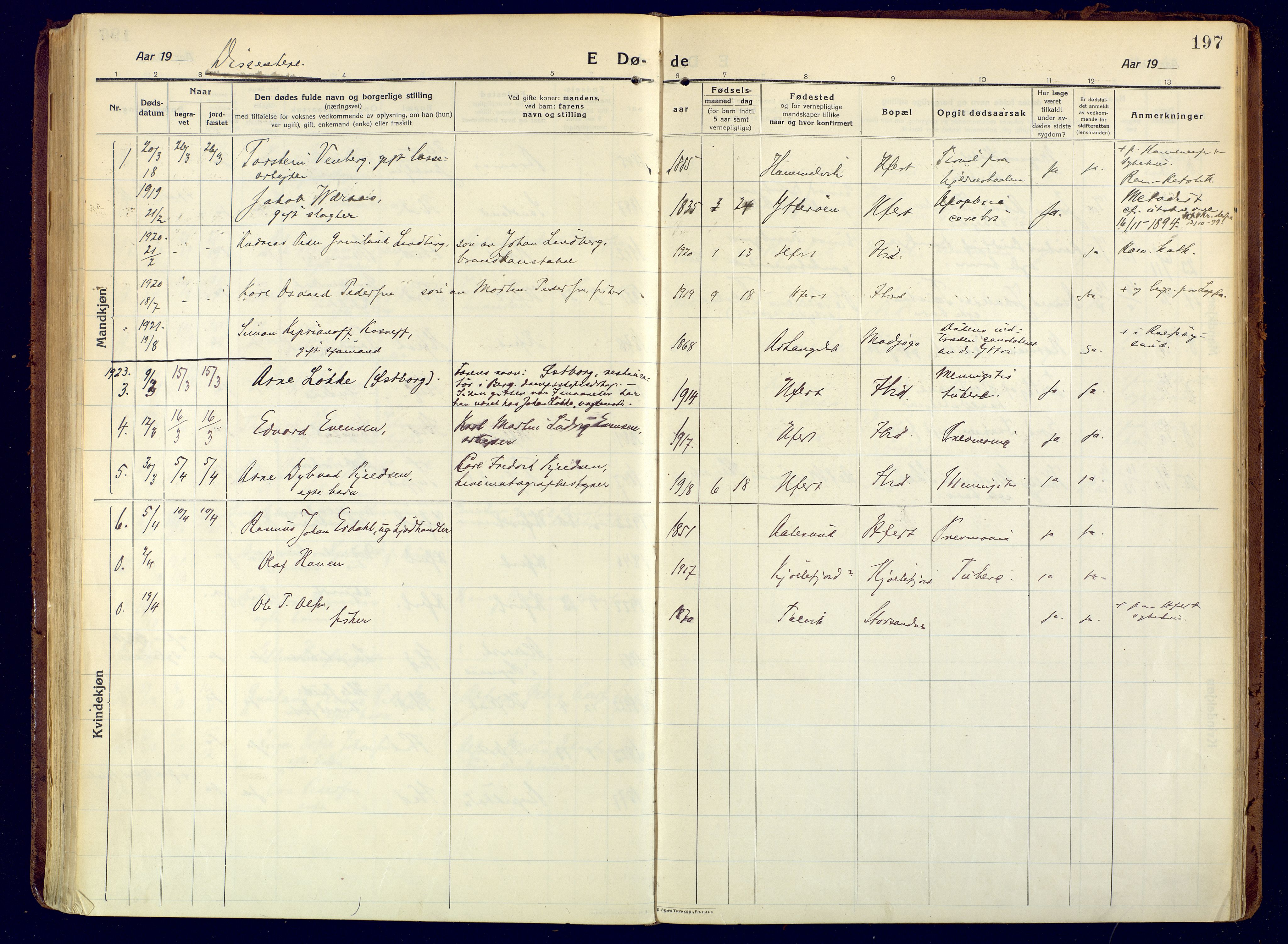 Hammerfest sokneprestkontor, AV/SATØ-S-1347/H/Ha/L0015.kirke: Parish register (official) no. 15, 1916-1923, p. 197