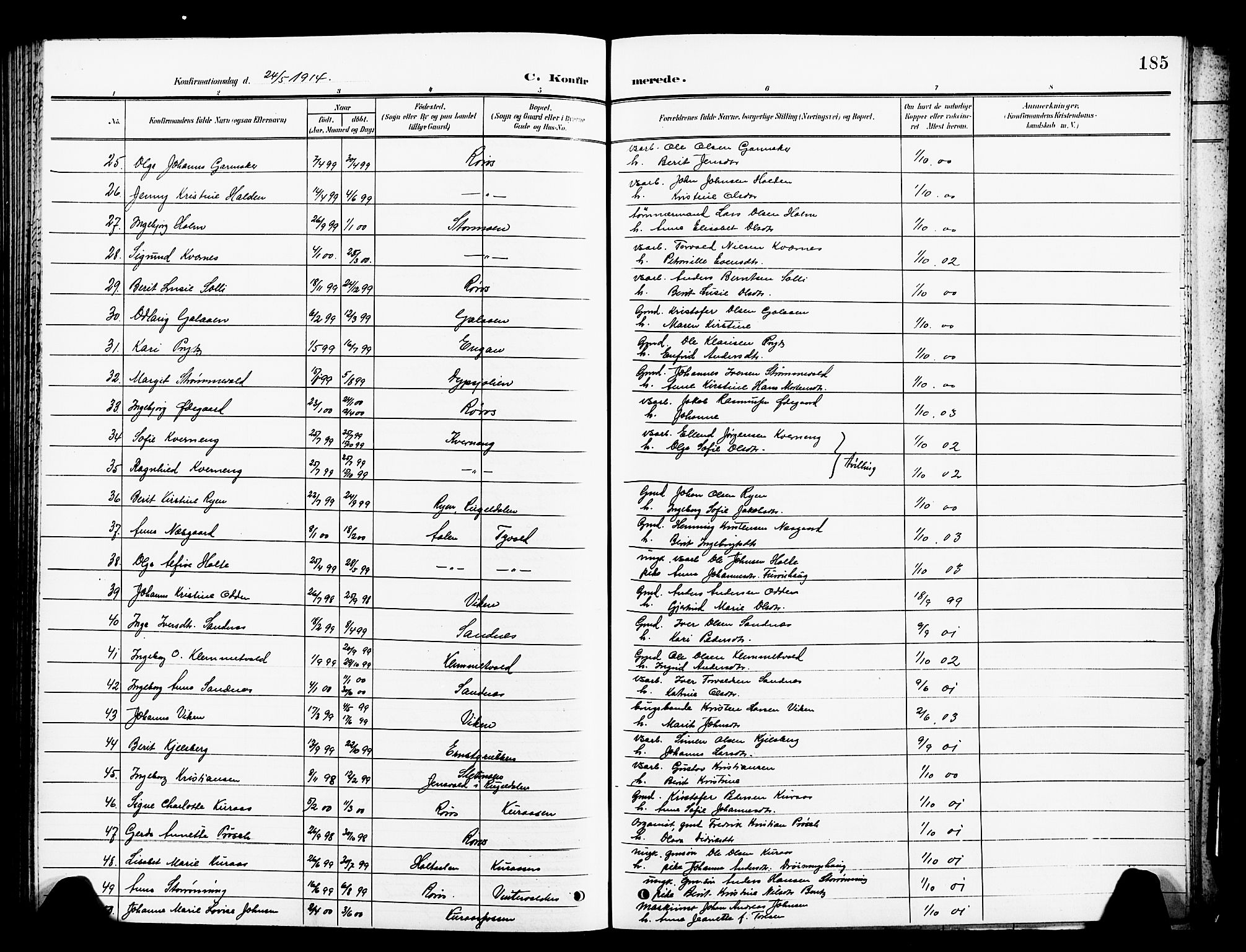 Ministerialprotokoller, klokkerbøker og fødselsregistre - Sør-Trøndelag, SAT/A-1456/681/L0942: Parish register (copy) no. 681C06, 1906-1925, p. 185