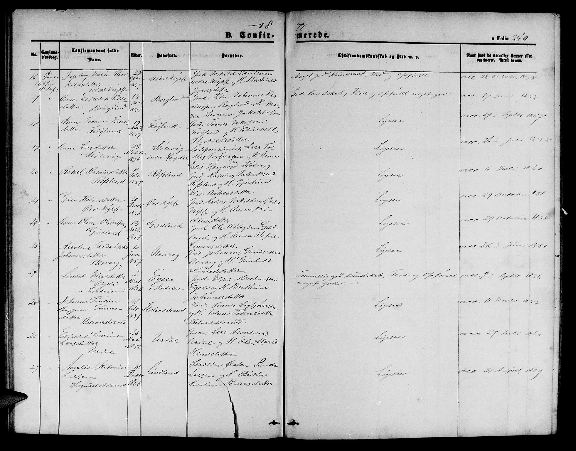 Sokndal sokneprestkontor, AV/SAST-A-101808: Parish register (copy) no. B 3, 1865-1879, p. 240