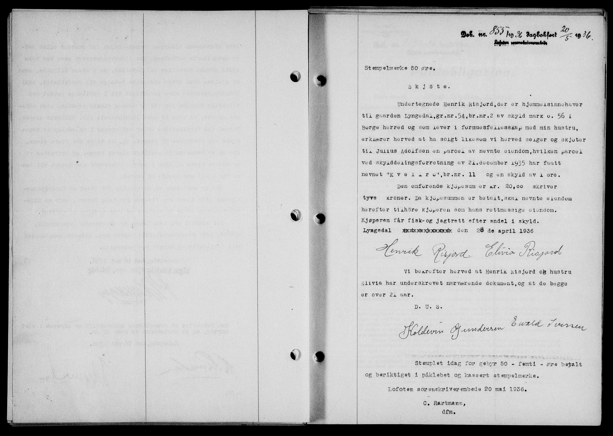 Lofoten sorenskriveri, SAT/A-0017/1/2/2C/L0033b: Mortgage book no. 33b, 1936-1936, Diary no: : 855/1936