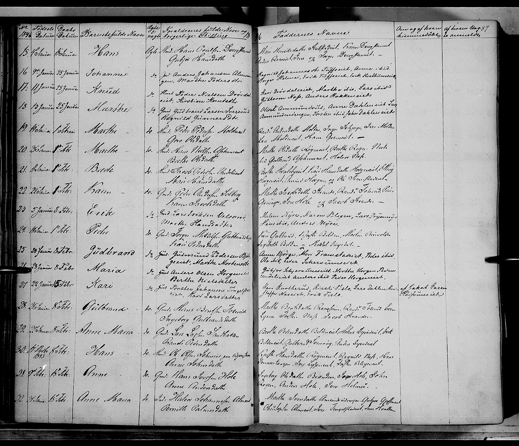 Gran prestekontor, SAH/PREST-112/H/Ha/Haa/L0011: Parish register (official) no. 11, 1842-1856, p. 86-87