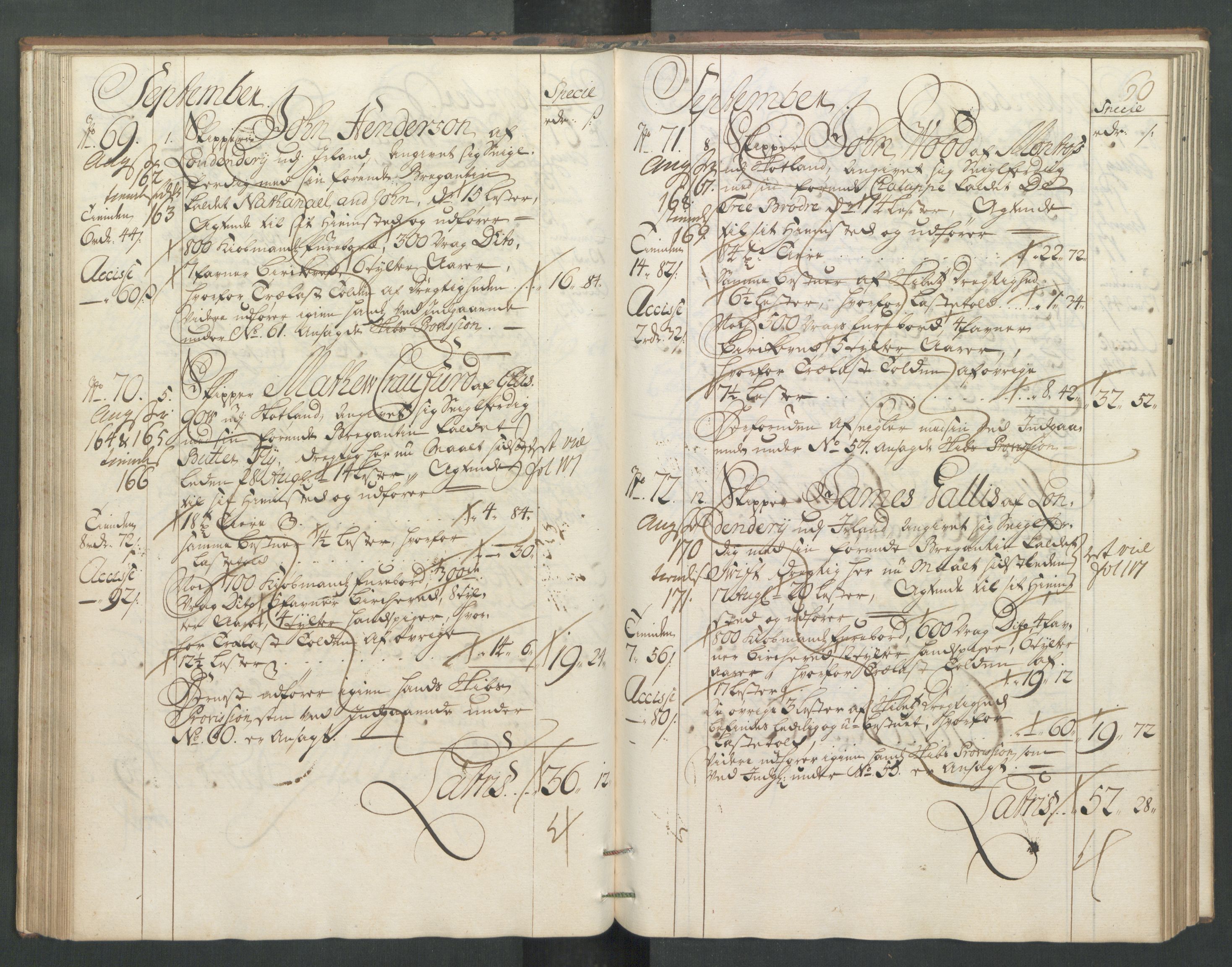 Generaltollkammeret, tollregnskaper, RA/EA-5490/R32/L0005/0001: Tollregnskaper Kristiansund / Hovedtollbok, 1733, p. 59b-60a
