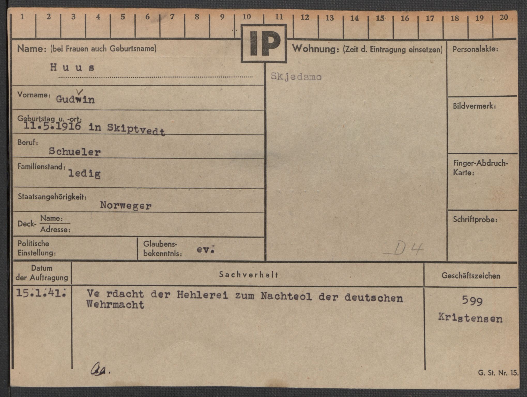 Befehlshaber der Sicherheitspolizei und des SD, AV/RA-RAFA-5969/E/Ea/Eaa/L0004: Register over norske fanger i Møllergata 19: Hal-Hæ, 1940-1945, p. 1453