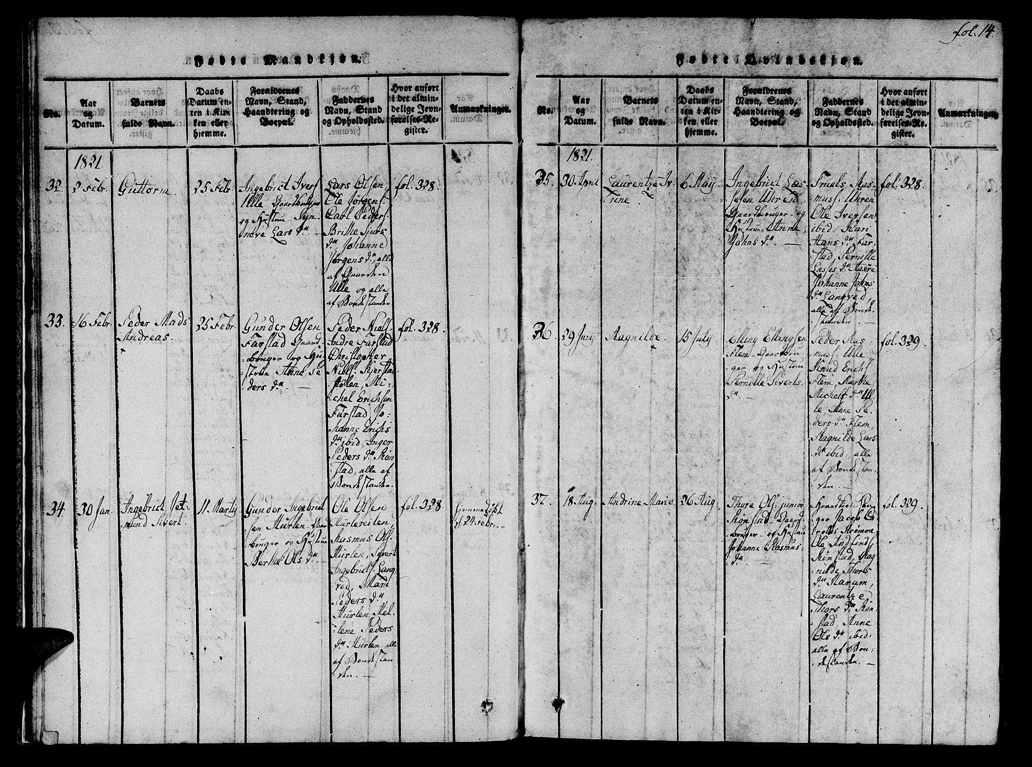 Ministerialprotokoller, klokkerbøker og fødselsregistre - Møre og Romsdal, SAT/A-1454/536/L0495: Parish register (official) no. 536A04, 1818-1847, p. 14