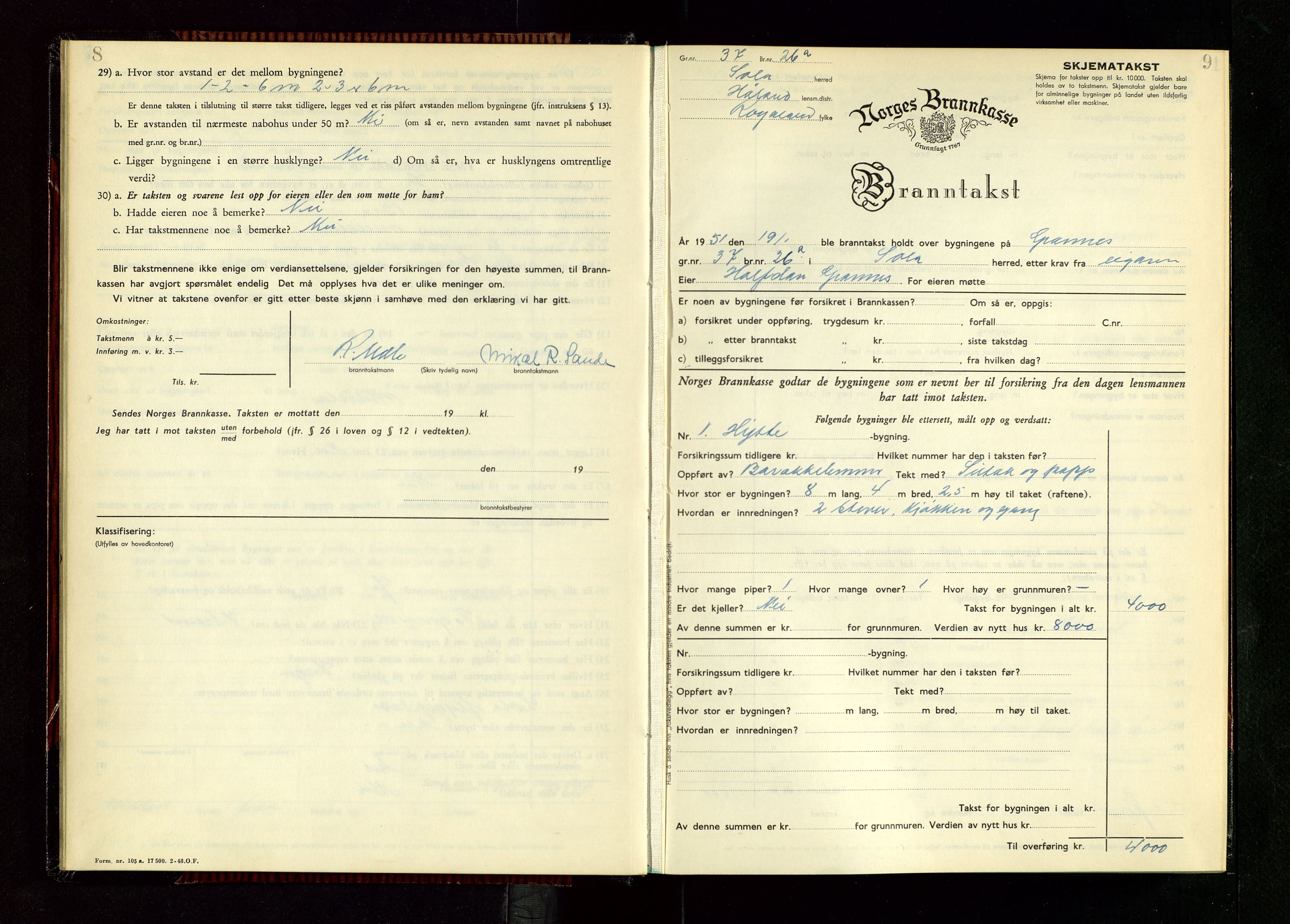 Håland lensmannskontor, AV/SAST-A-100100/Gob/L0014: "Branntakstprotokoll" - skjematakst, 1951-1955, p. 8-9