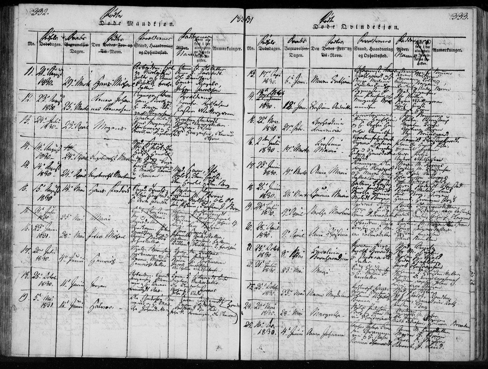 Kongsberg kirkebøker, AV/SAKO-A-22/F/Fa/L0008: Parish register (official) no. I 8, 1816-1839, p. 332-333