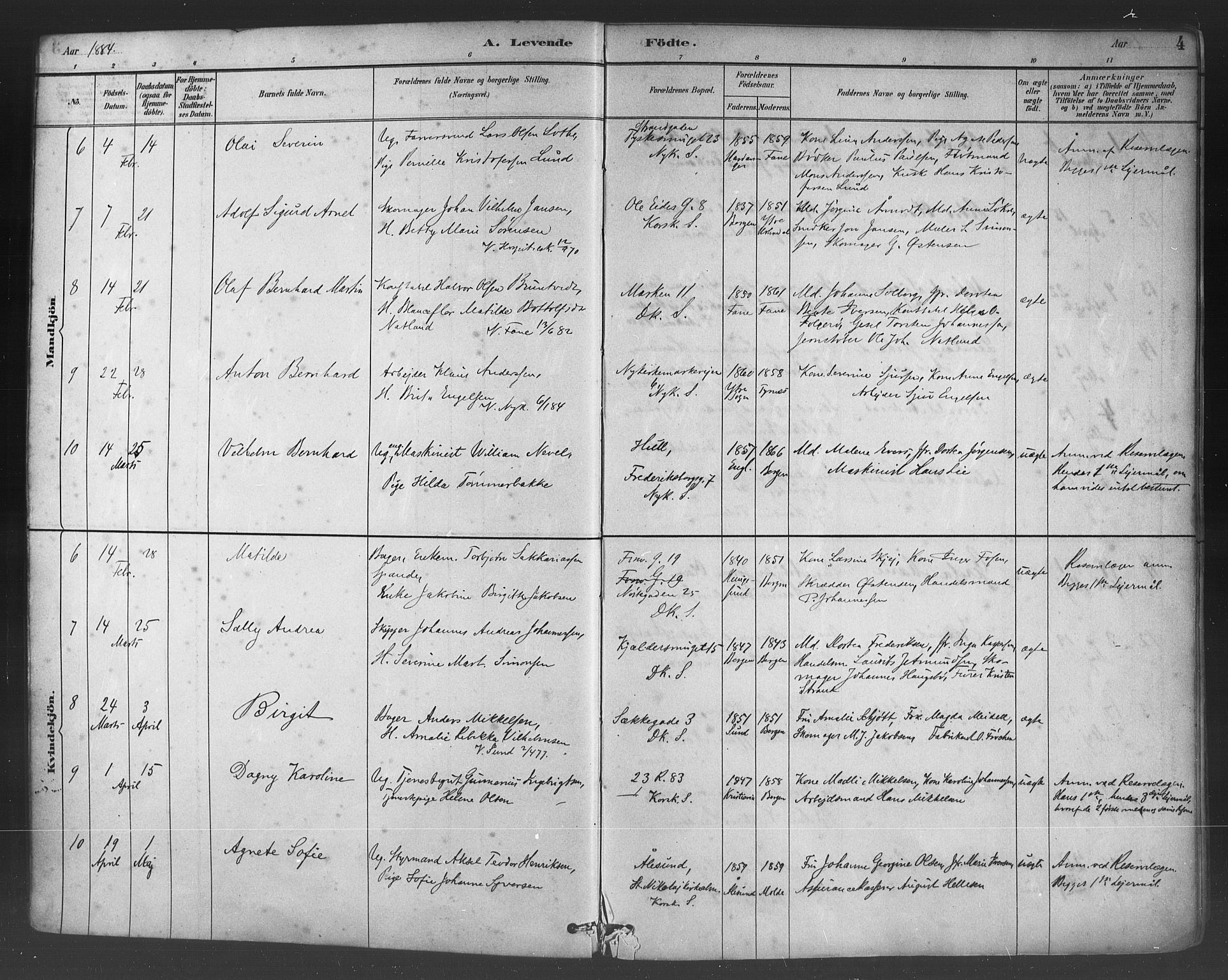 Fødselsstiftelsens sokneprestembete*, SAB/-: Parish register (official) no. A 2, 1884-1900, p. 4