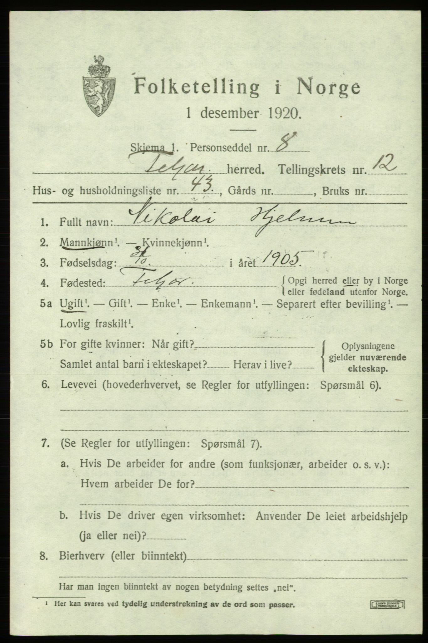 SAB, 1920 census for Fitjar, 1920, p. 5068