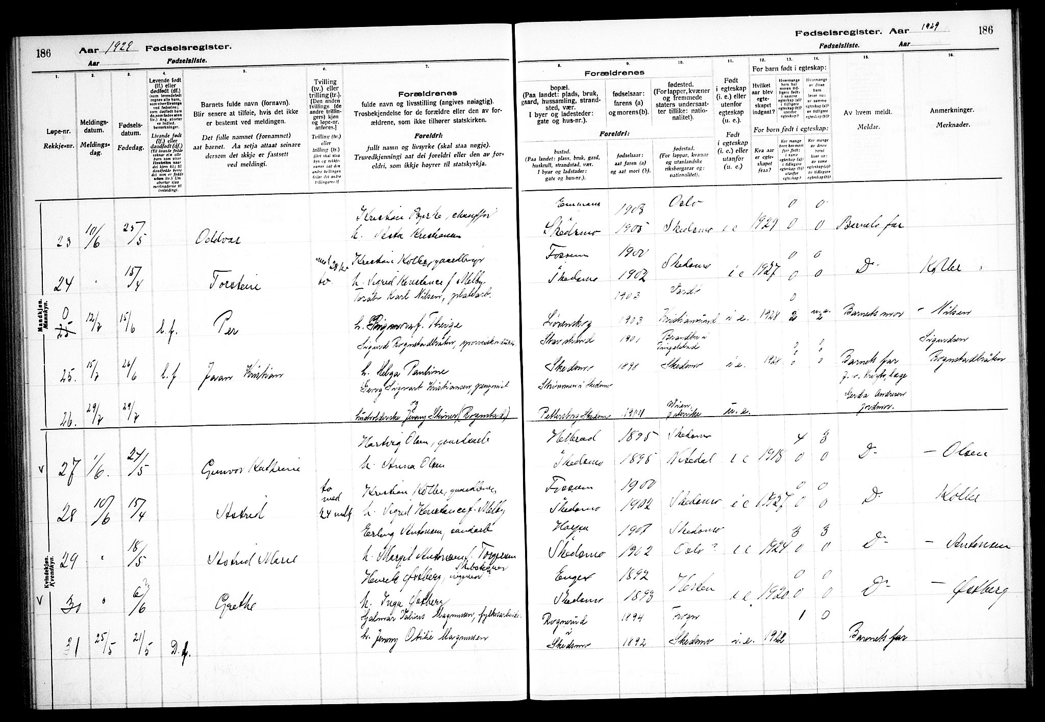 Skedsmo prestekontor Kirkebøker, AV/SAO-A-10033a/J/Ja/L0001: Birth register no. I 1, 1916-1931, p. 186