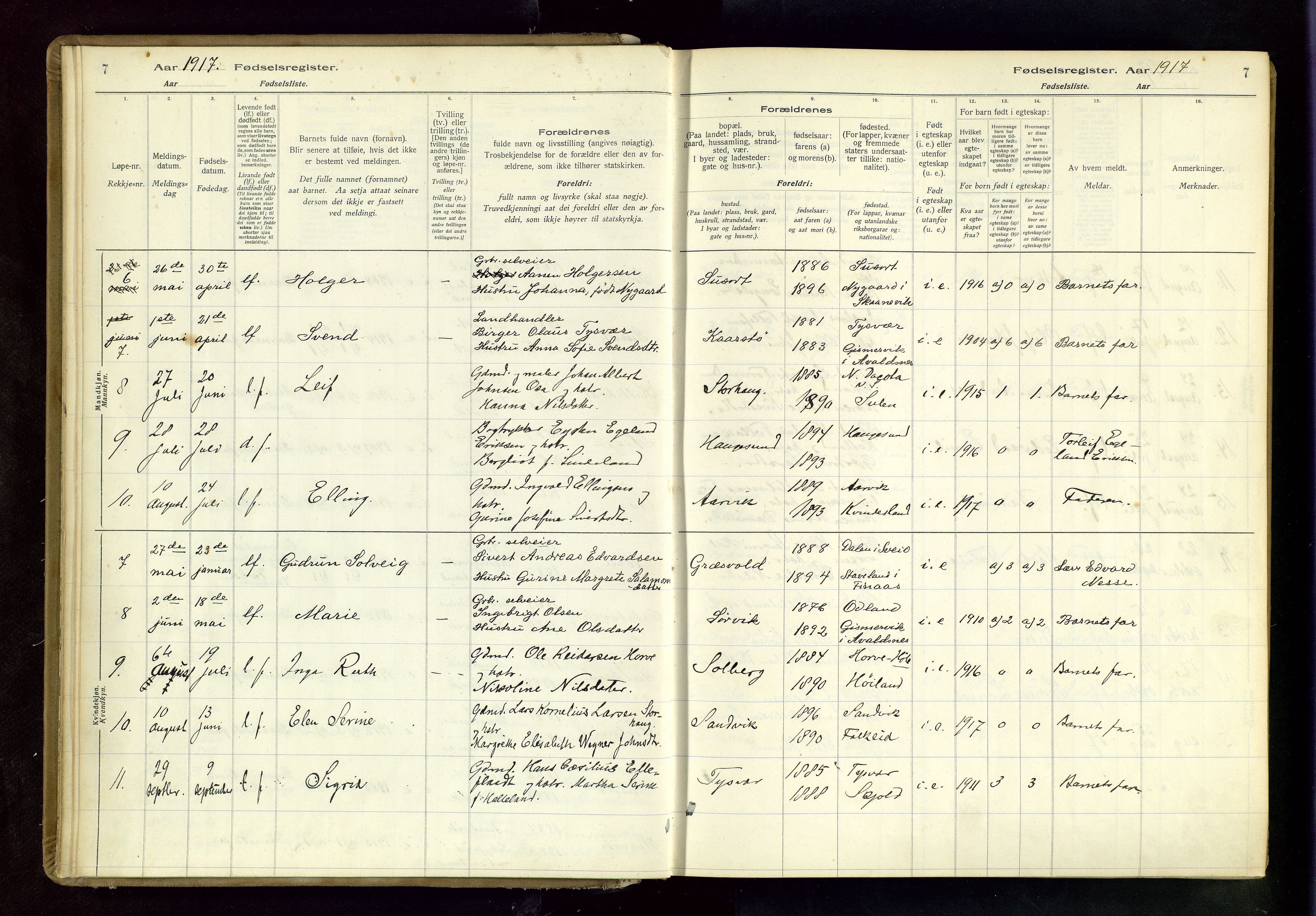 Tysvær sokneprestkontor, AV/SAST-A -101864/I/Id/L0001: Birth register no. 1, 1916-1954, p. 7