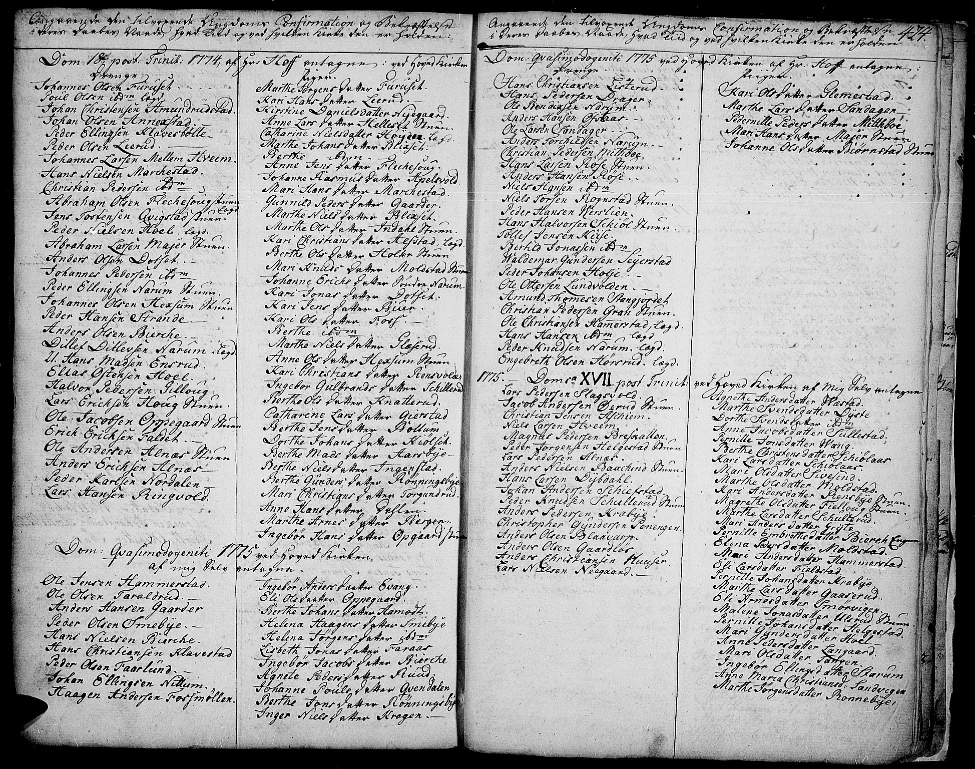 Toten prestekontor, SAH/PREST-102/H/Ha/Haa/L0006: Parish register (official) no. 6, 1773-1793, p. 424