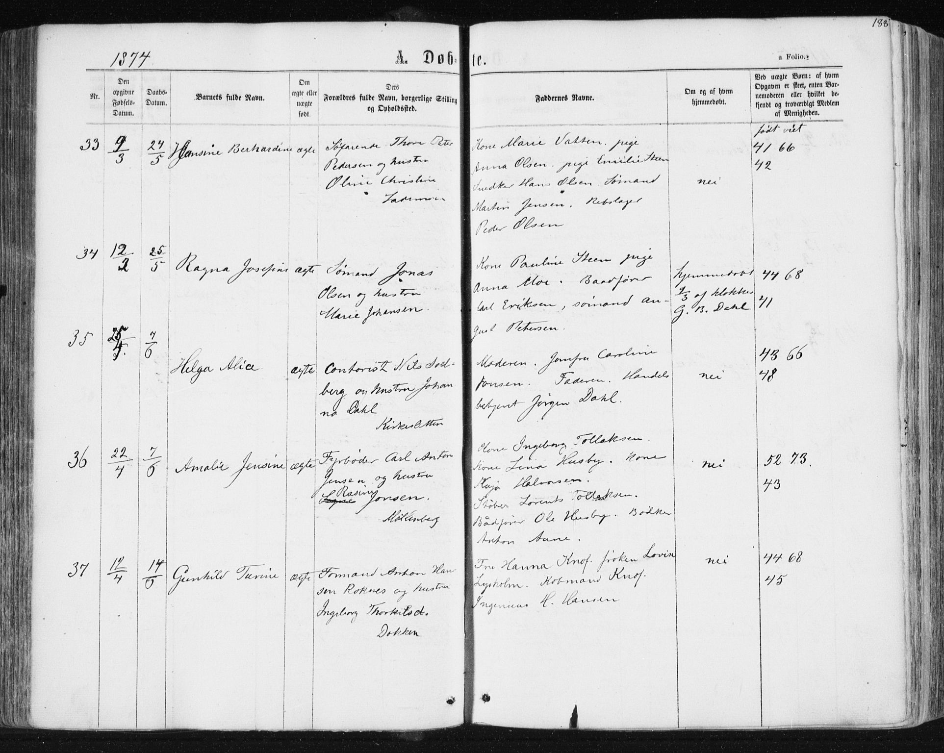 Ministerialprotokoller, klokkerbøker og fødselsregistre - Sør-Trøndelag, AV/SAT-A-1456/604/L0186: Parish register (official) no. 604A07, 1866-1877, p. 188