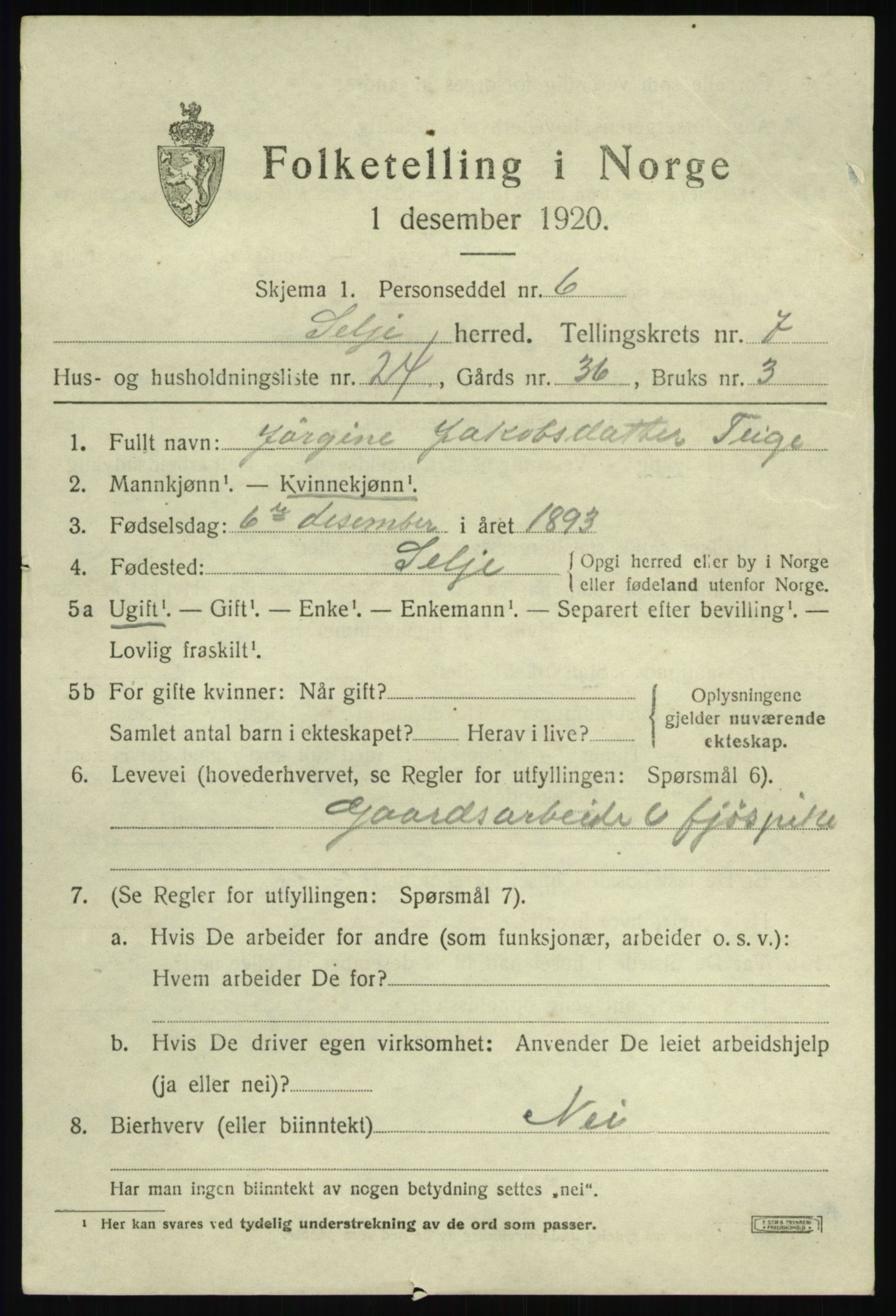 SAB, 1920 census for Selje, 1920, p. 3943