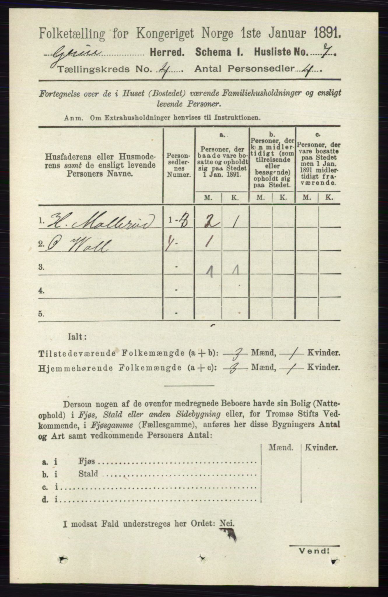 RA, 1891 census for 0423 Grue, 1891, p. 2019