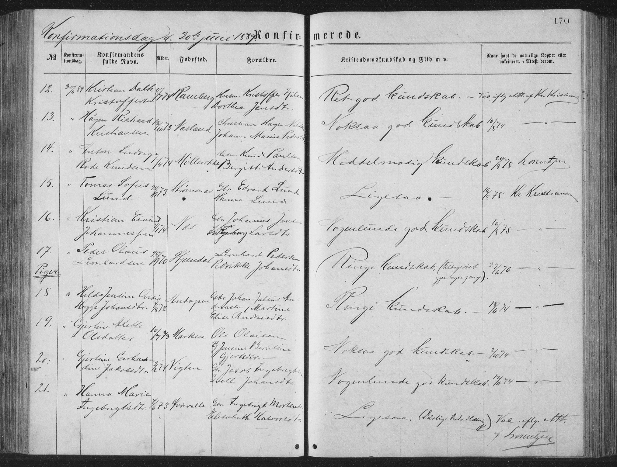 Ministerialprotokoller, klokkerbøker og fødselsregistre - Nordland, AV/SAT-A-1459/885/L1213: Parish register (copy) no. 885C02, 1874-1892, p. 170