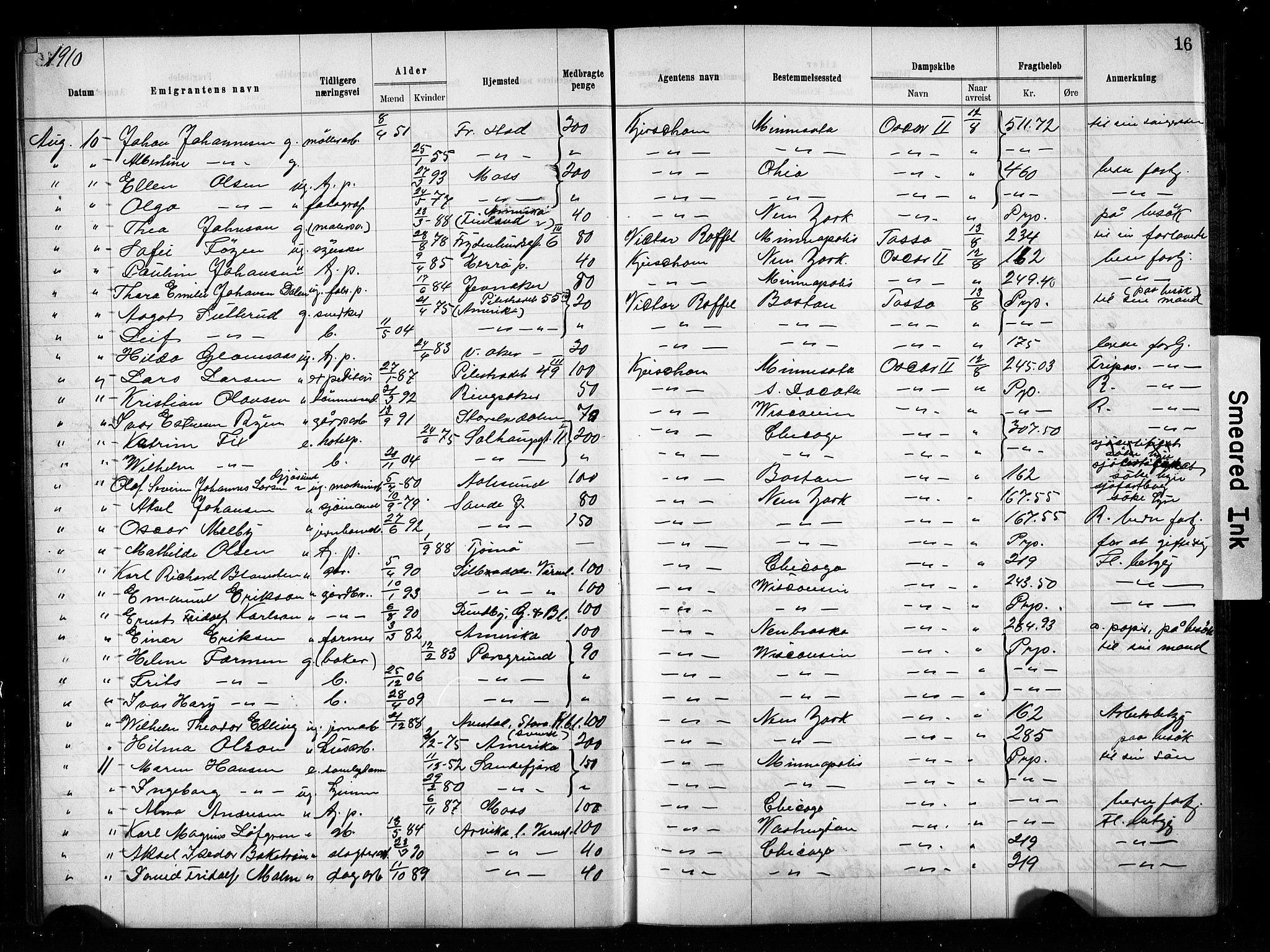 Oslo politidistrikt, AV/SAO-A-10085/E/Ee/Eef/L0029: Emigrantprotokoll, 1910-1913, p. 16