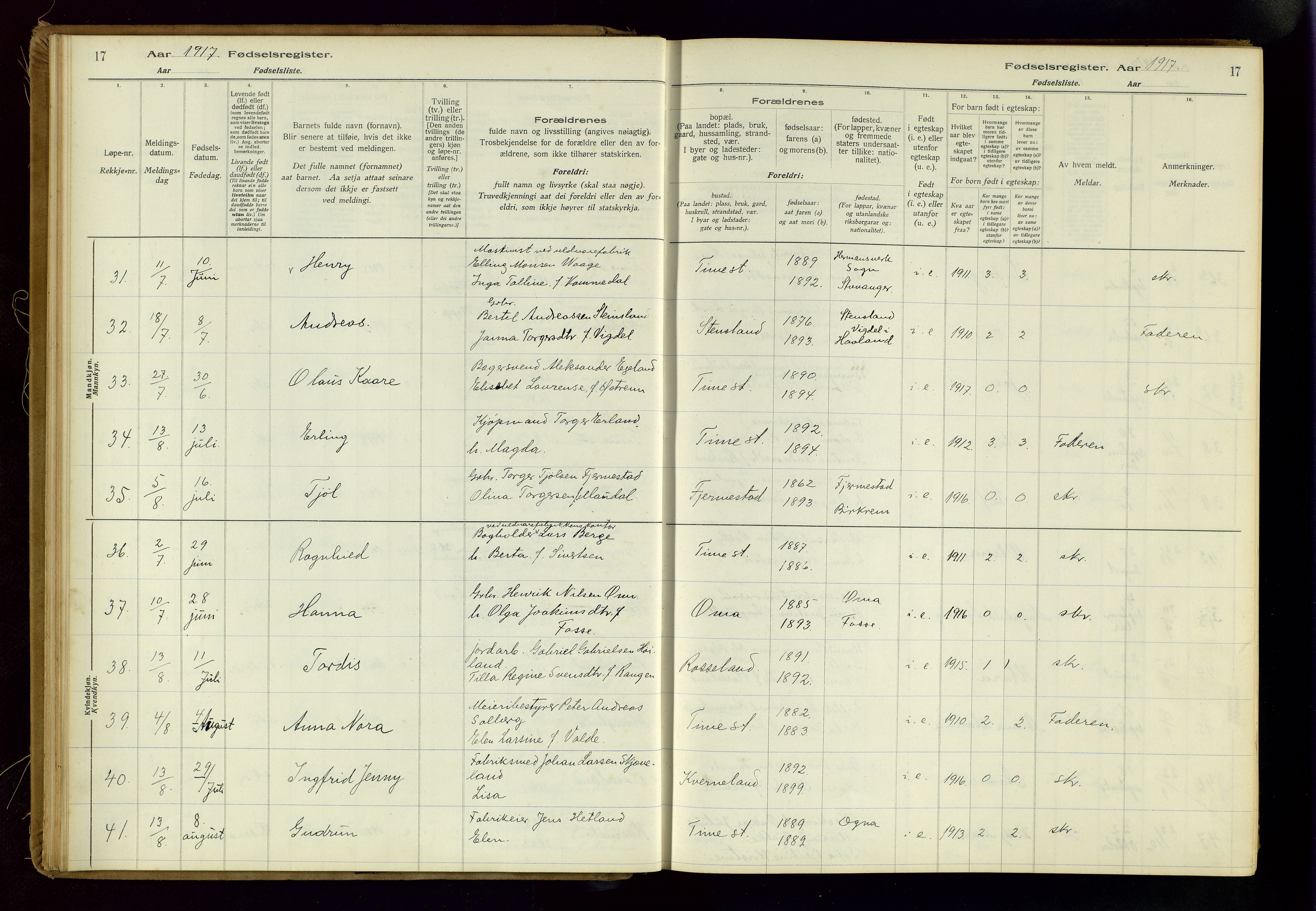 Time sokneprestkontor, AV/SAST-A-101795/001/704BA/L0001: Birth register no. 1, 1916-1934, p. 17