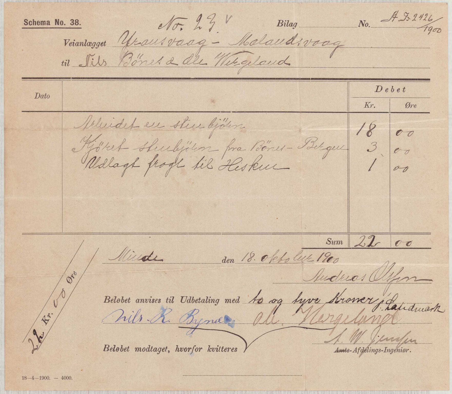 Finnaas kommune. Formannskapet, IKAH/1218a-021/E/Ea/L0002/0001: Rekneskap for veganlegg / Rekneskap for veganlegget Urangsvåg - Mælandsvåg, 1898-1900, p. 165