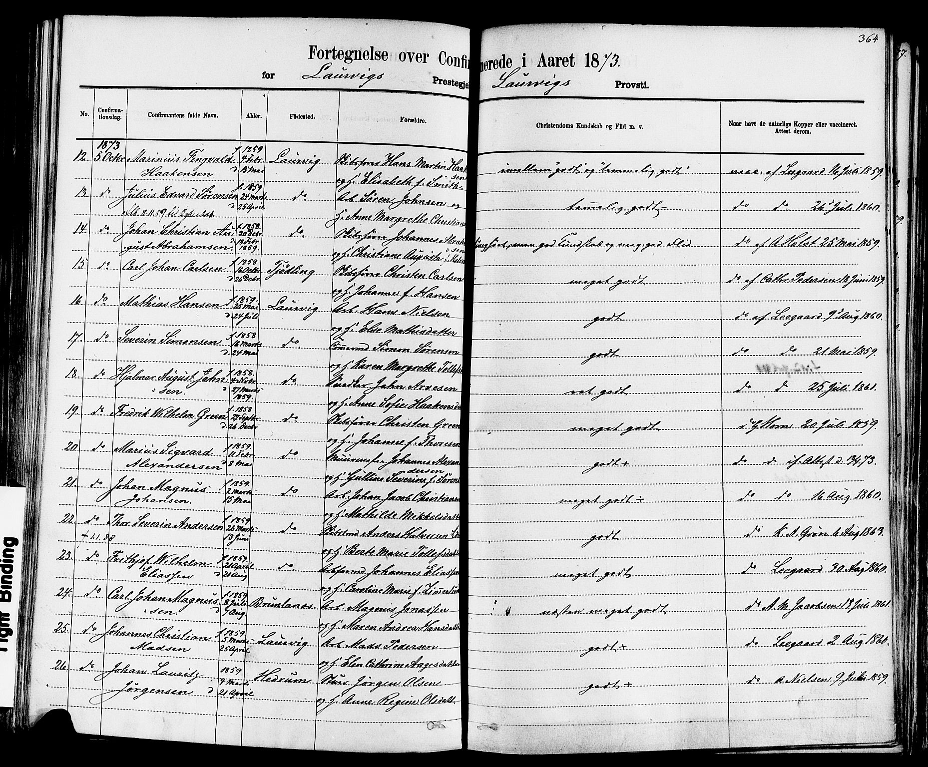 Larvik kirkebøker, AV/SAKO-A-352/F/Fa/L0006: Parish register (official) no. I 6, 1871-1883, p. 364